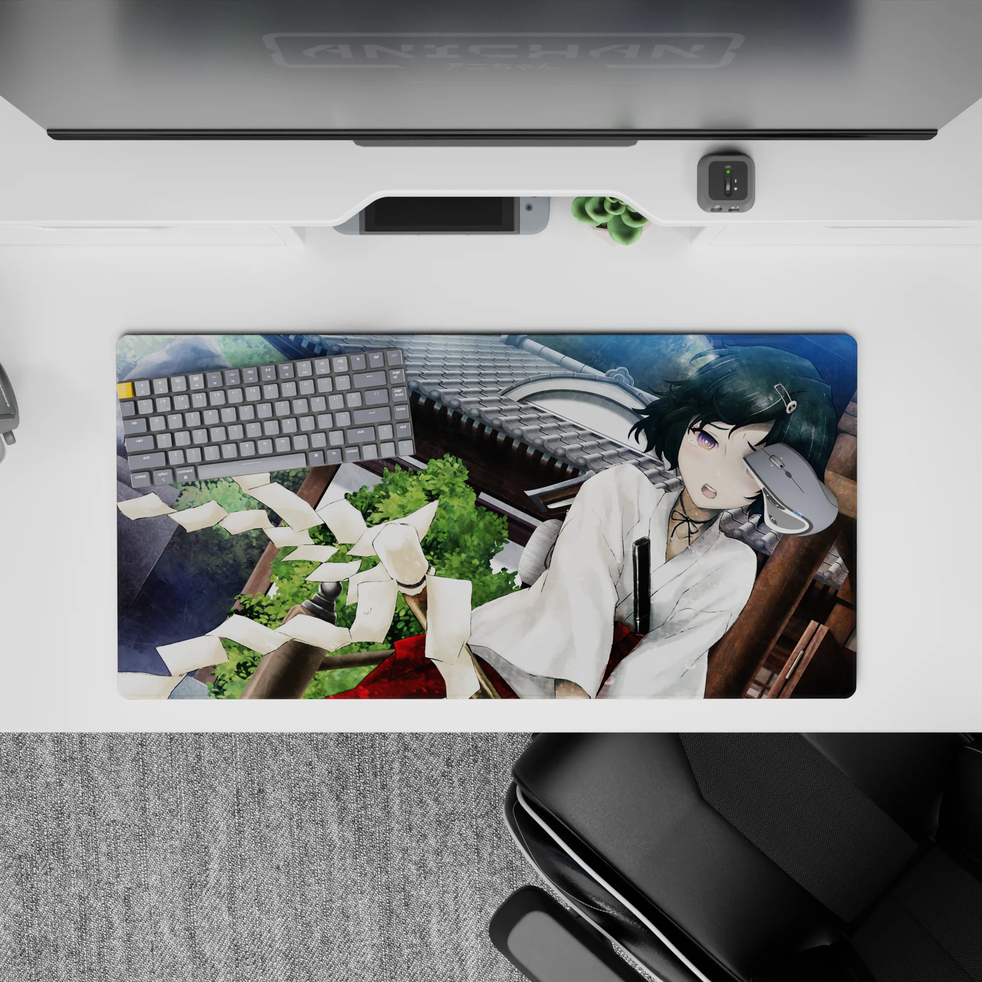 32x16 inches anime desk mouse pad in cool sky tones, deep teal hair and violet eyes for calm cute chaos.