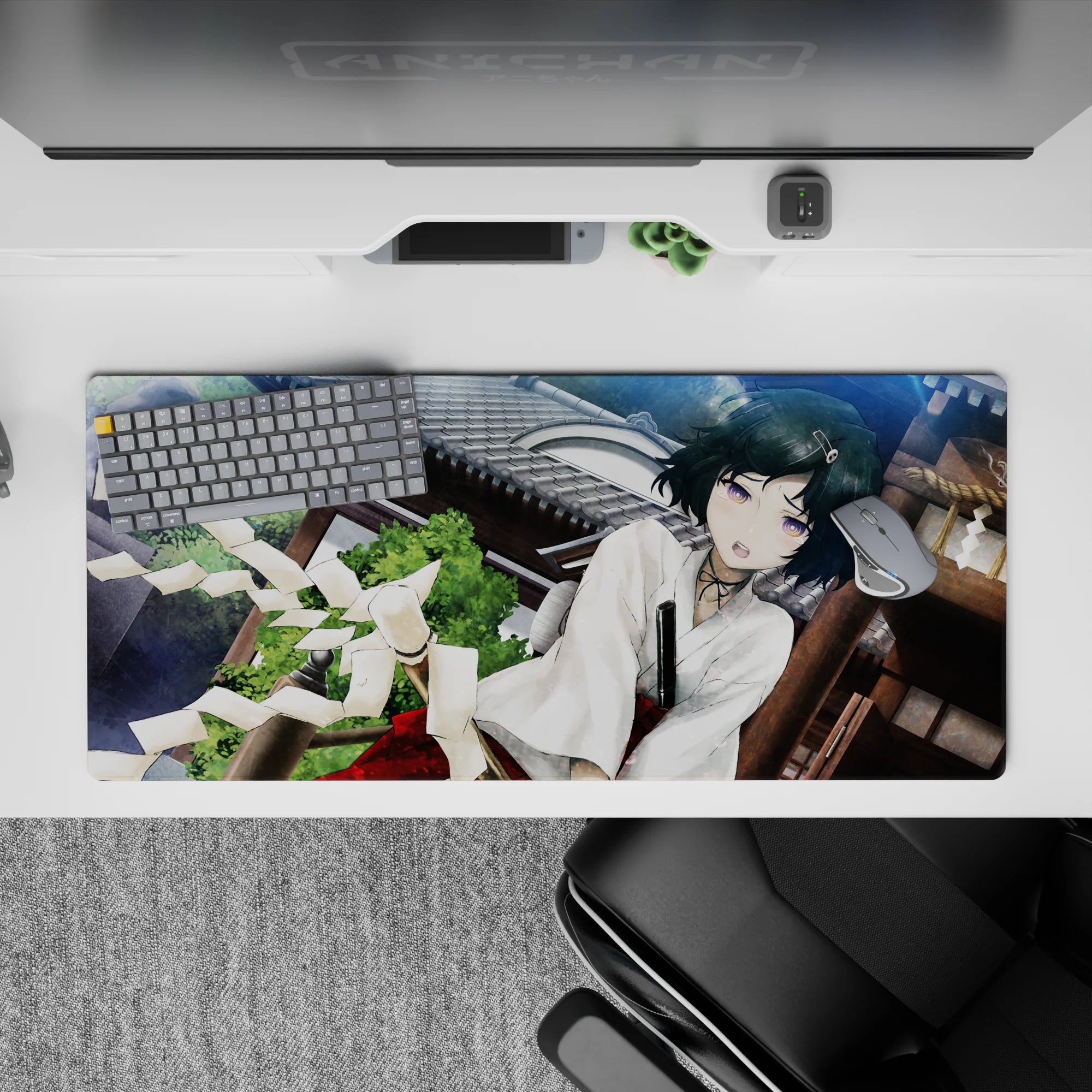 36x16 inches anime desk pad in cool sky tones, deep teal hair and violet eyes, calm cute chaos vibe.
