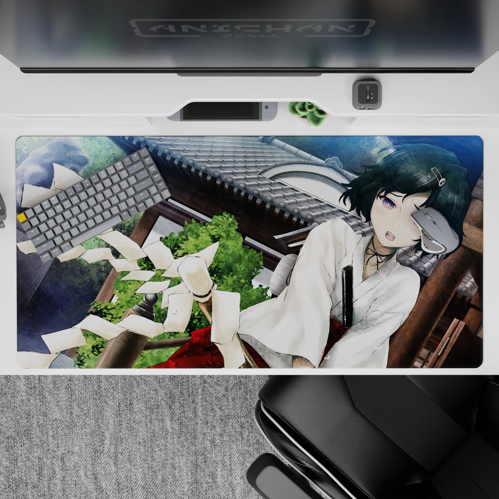 Calm cute chaos anime desk pad 40x20 inches in deep teal and violet with cool sky tones.