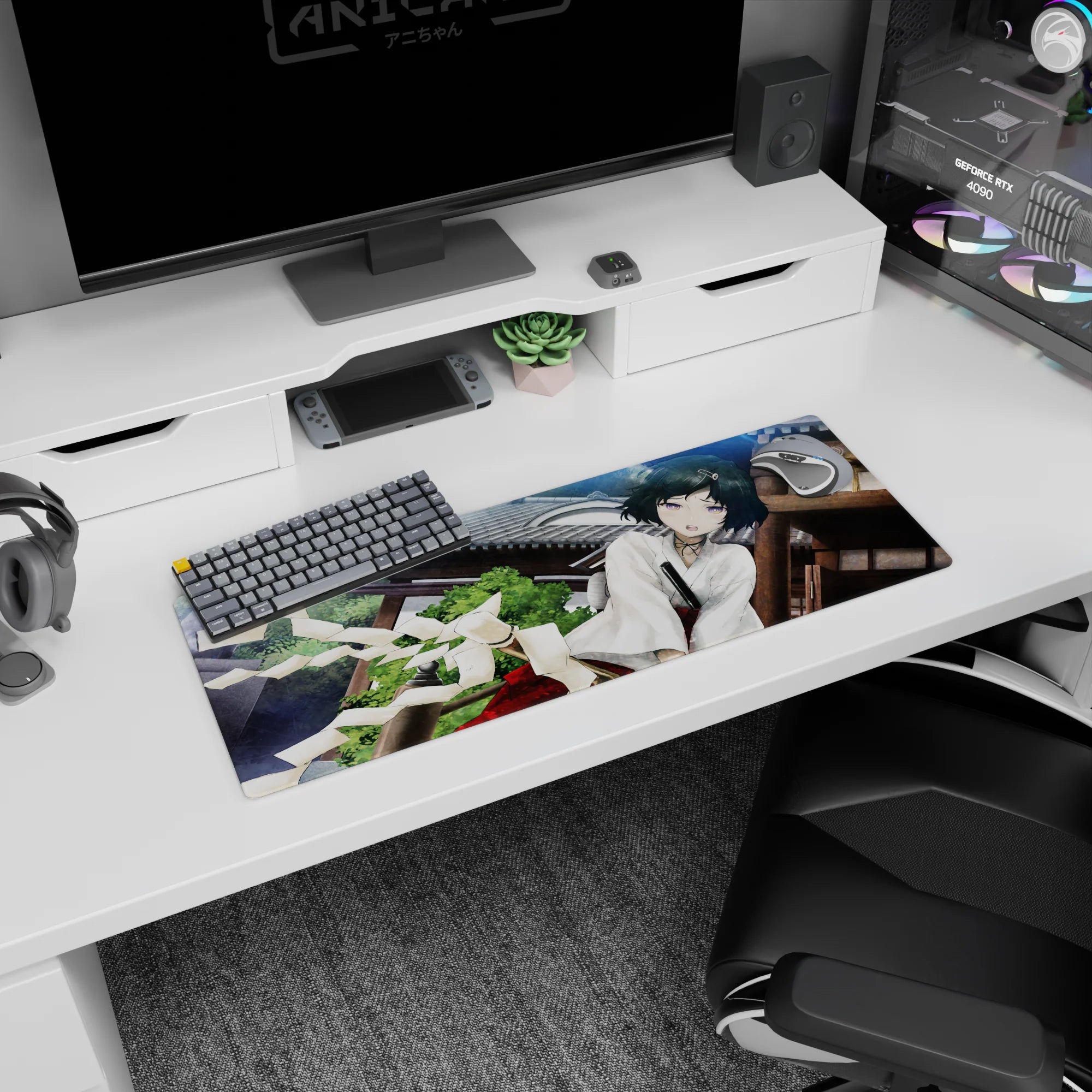 32x12 inches anime girl mouse pad showing wide-eyed teal-haired girl leaning close, flustered cheeks, charm collar.