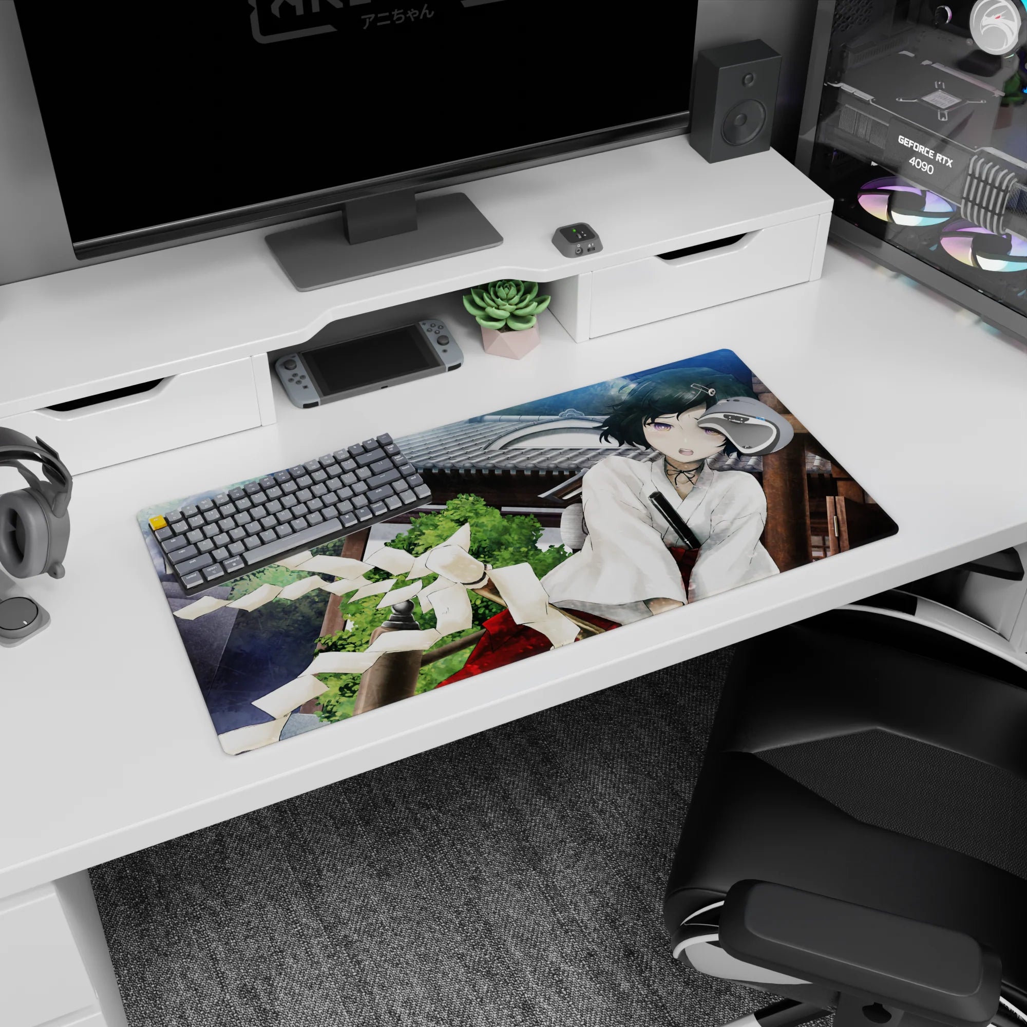 32x16 inches mouse pad showing wide-eyed anime girl leaning close, flustered cheeks, hair clip, and charm collar.