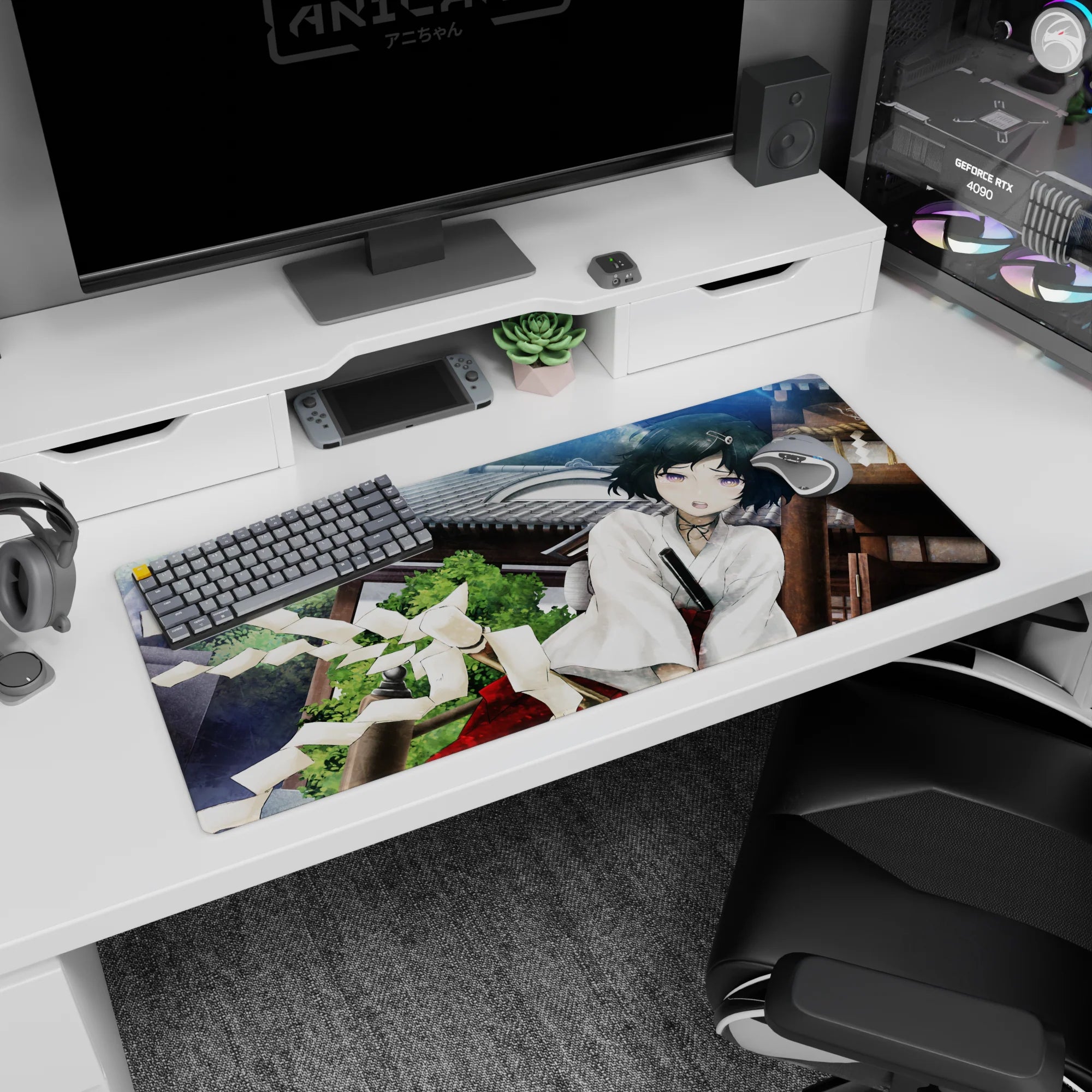 36x16 inches desk pad with wide-eyed anime girl leaning close, flustered cheeks, tiny hair clip by shrine.