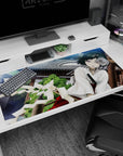 Wide-eyed anime girl leaning close at a shrine desk pad 40x20 inches, flustered cheeks and hair clip.