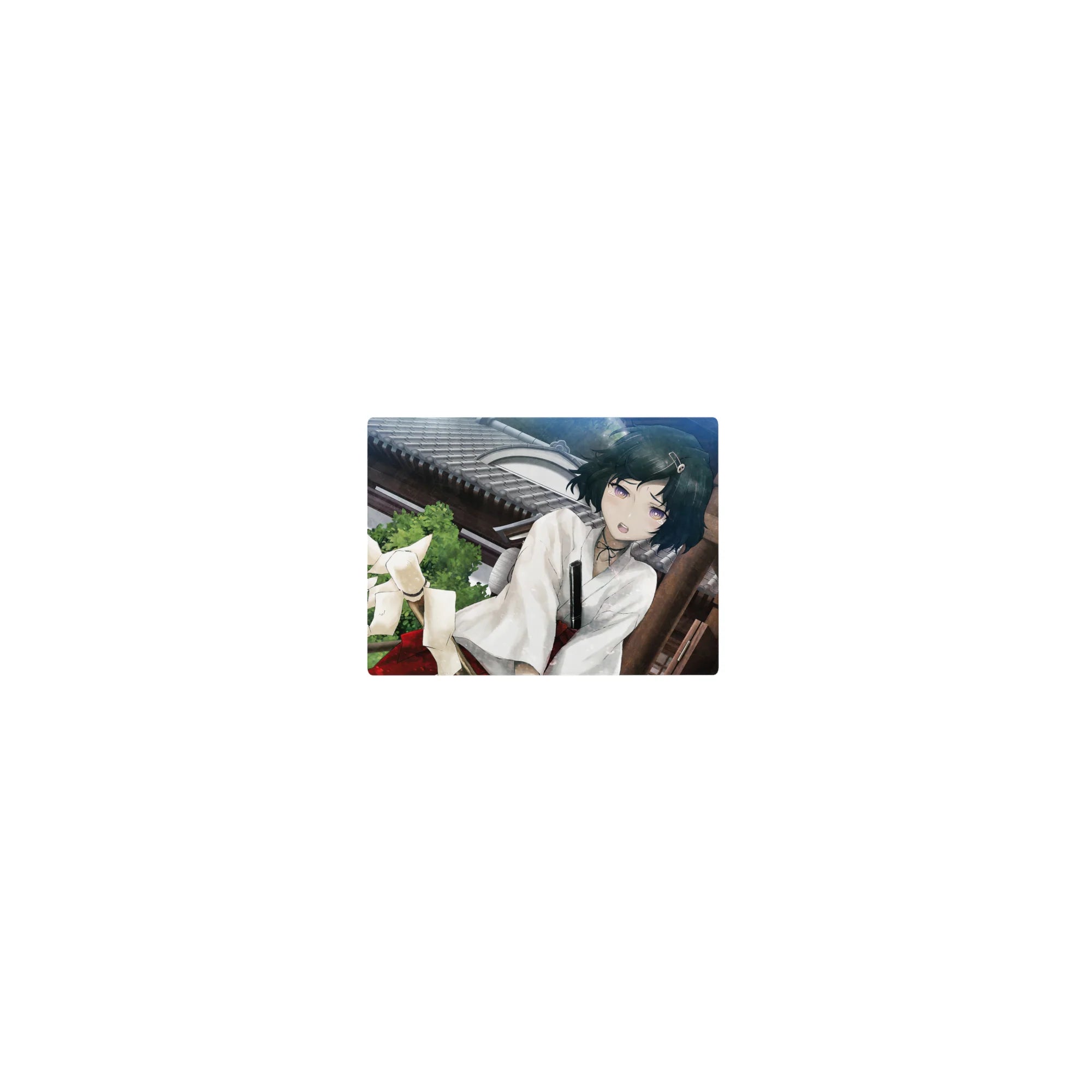 Classic anime girl shrine scene mouse pad, teal hair, violet eyes, kimono and red hakama, 14x10 inches.