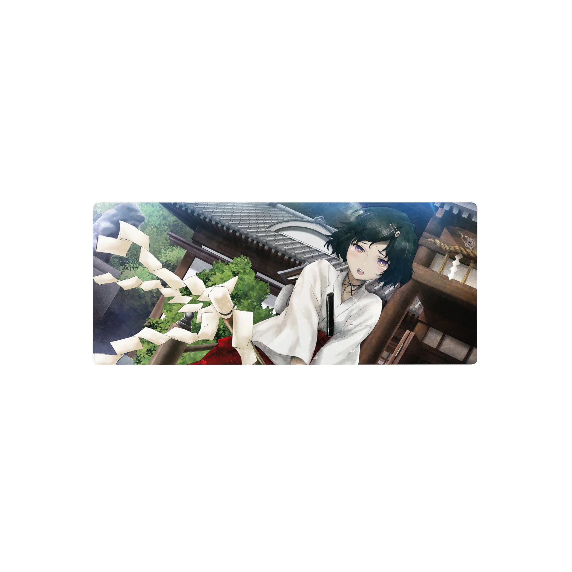 Anime girl mouse pad 28x12 inches with shrine-side kimono scene, teal hair, violet eyes, swirling paper streamers.