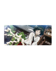 Anime girl mouse pad 28x12 inches with shrine-side kimono scene, teal hair, violet eyes, swirling paper streamers.