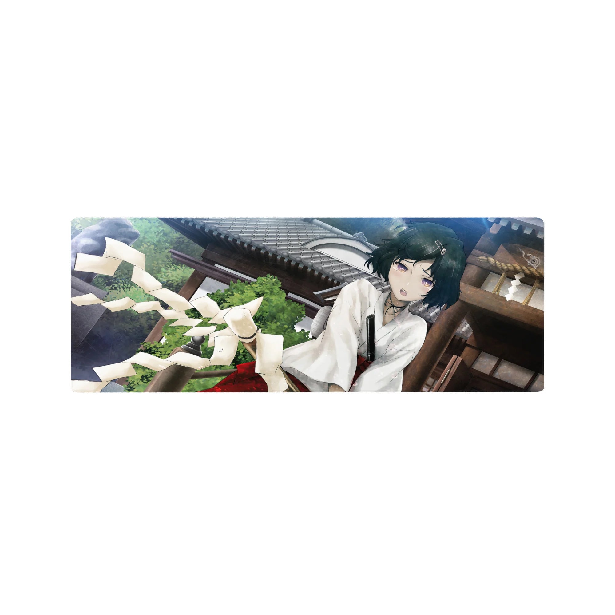 32x12 inches anime girl mouse pad with shrine-side kimono girl, red hakama, violet eyes, swirling streamers.