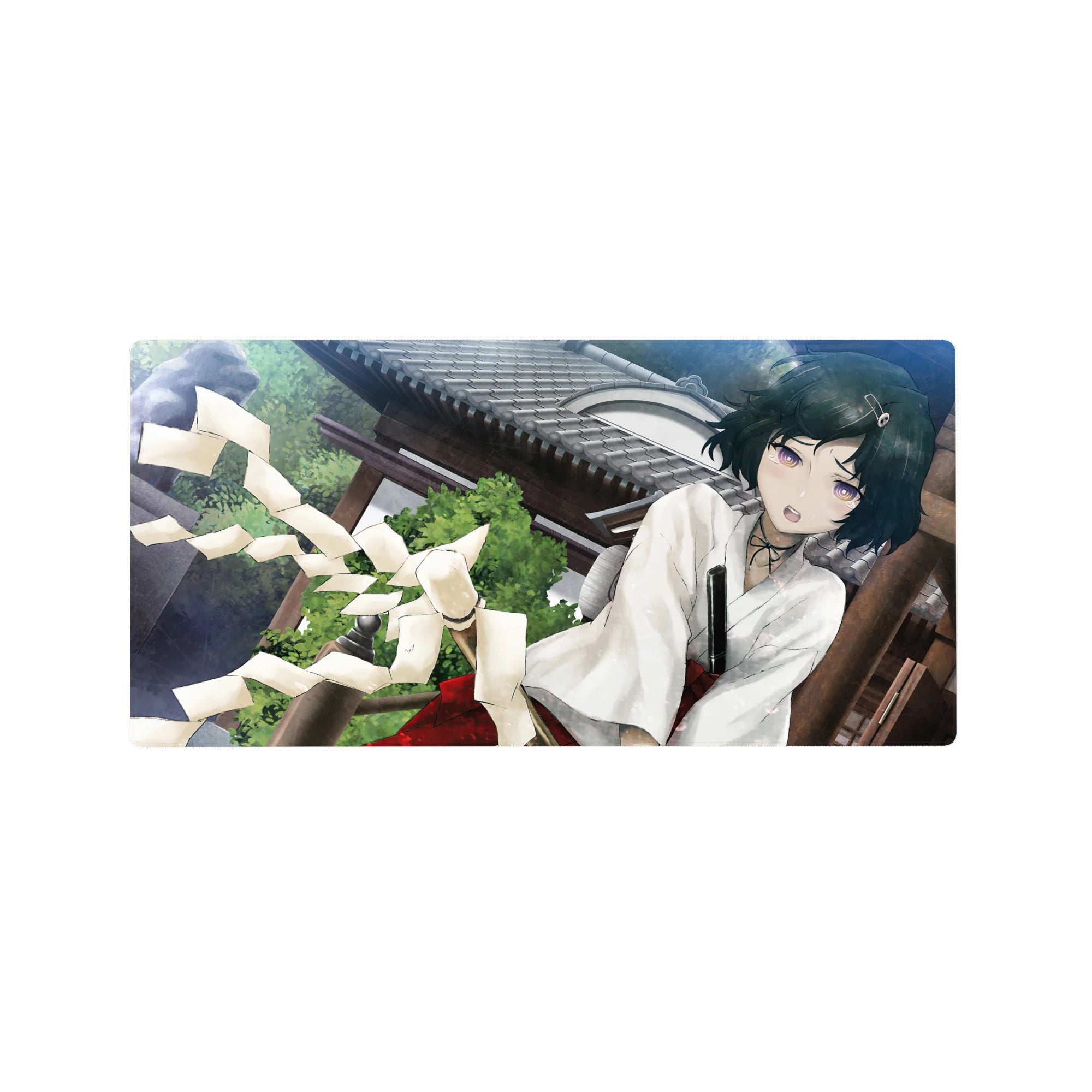 32x16 inches anime girl mouse pad with shrine-side scene, kimono top, red hakama, and swirling paper streamers.