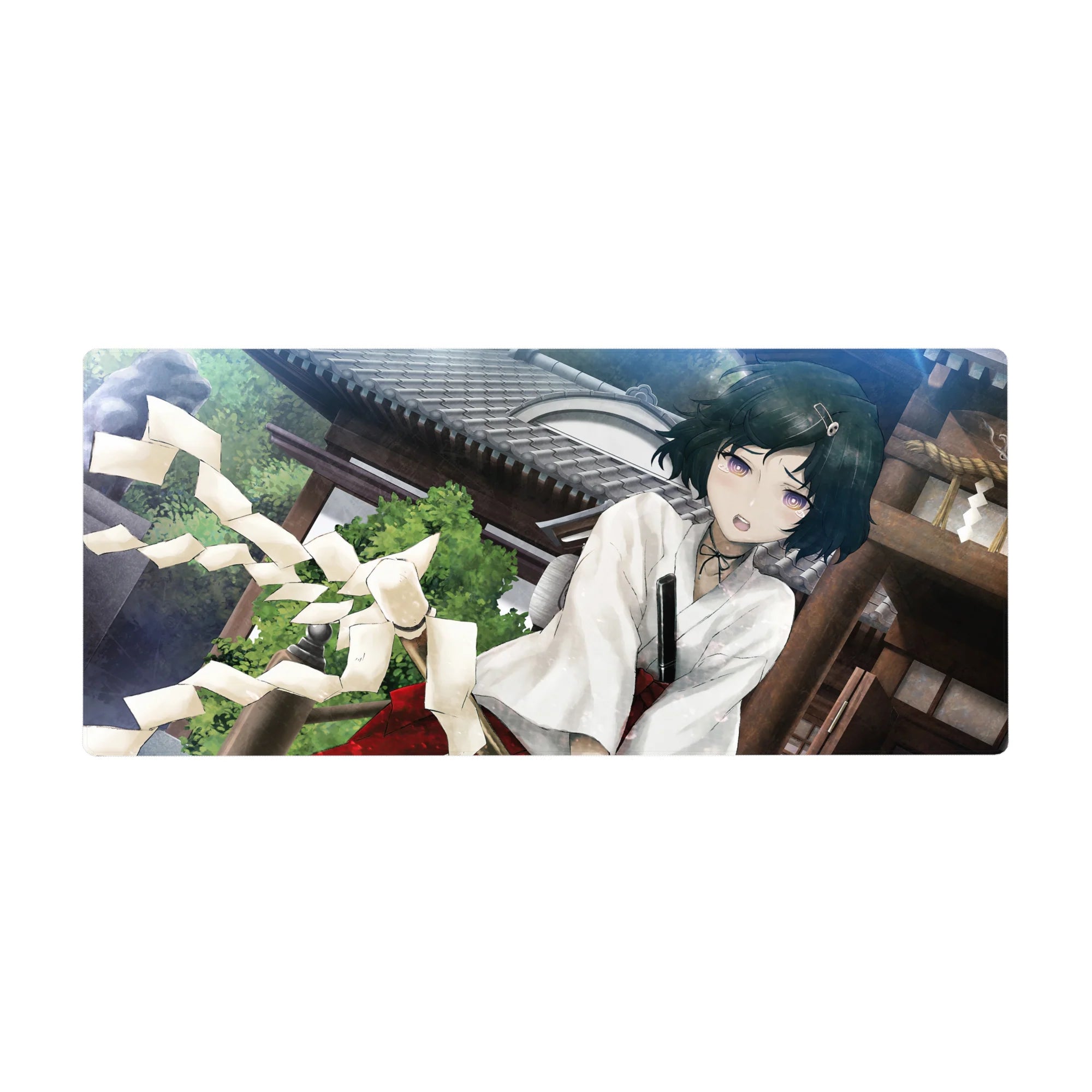 36x16 inches anime girl desk pad with shrine-side scene, kimono top, red hakama, and paper streamers.