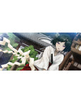 36x16 inches anime girl desk pad with shrine-side scene, kimono top, red hakama, and paper streamers.
