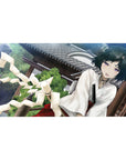 Shrine-side anime girl desk pad 40x20 inches with kimono, red hakama, streamers and teal hair.