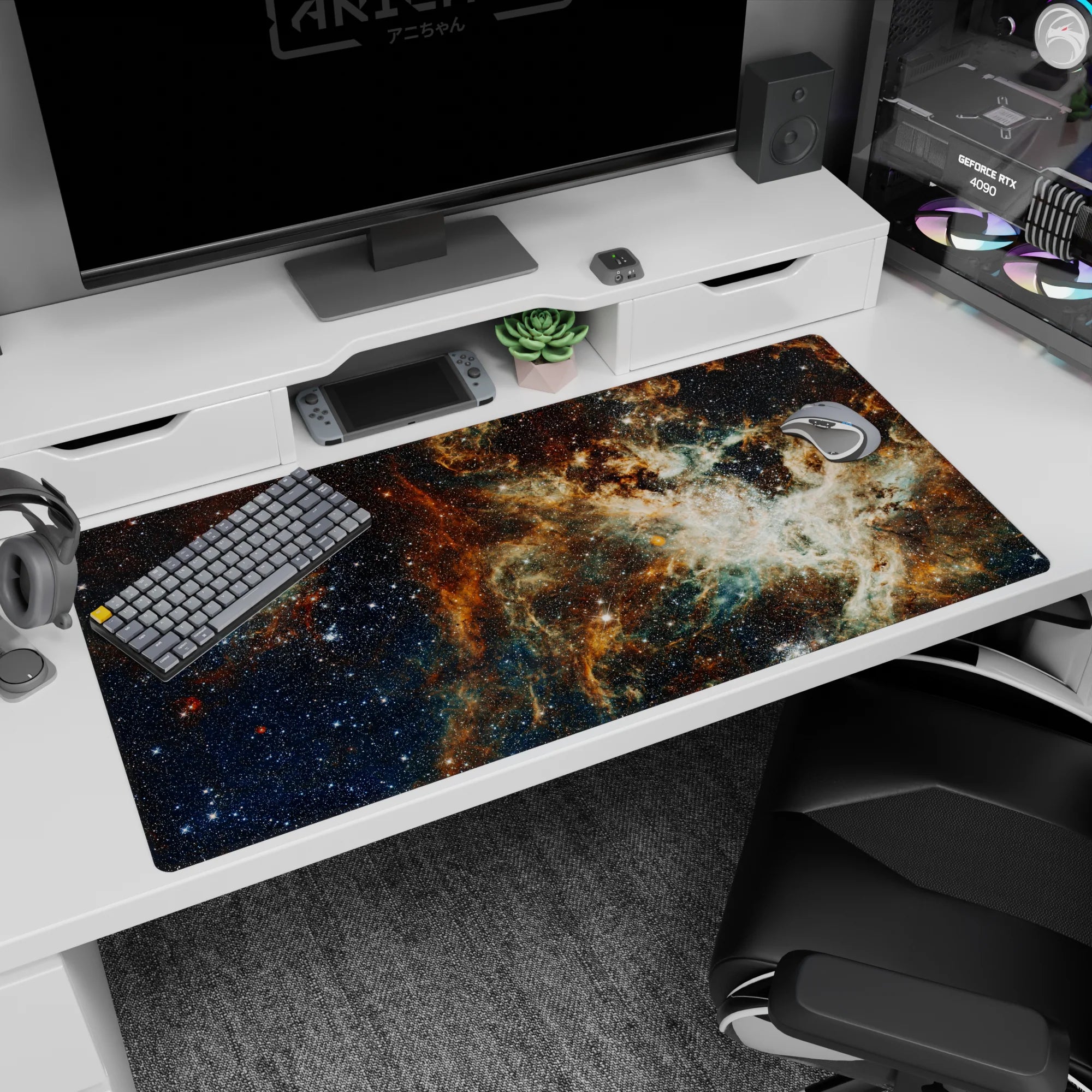 Starry night sky desk pad showing smoky nebula clouds and bright specks, 40x20 inches.