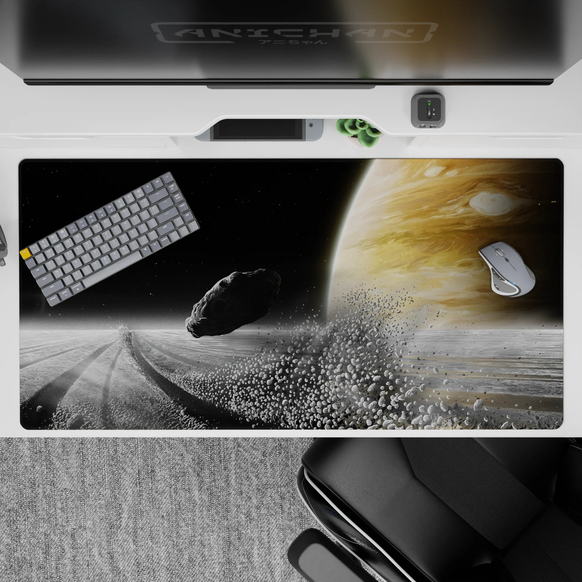 Calm sci-fi desk pad 40x20 inches in inky black, soft beige swirls, and speckled stars for cozy focus.