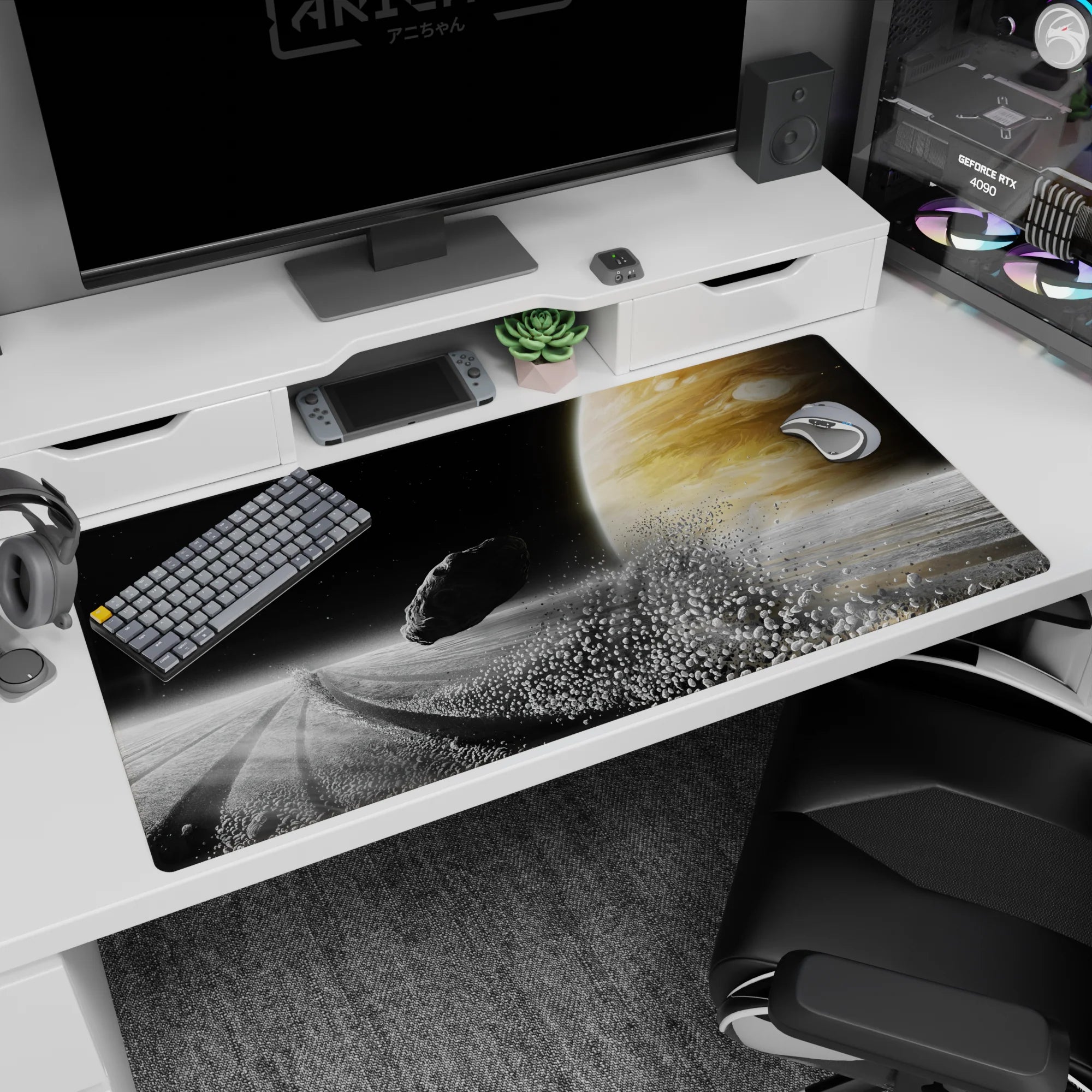 Ringed planet scene desk pad 40x20 inches featuring a glowing horizon and a dark rock cruising by.