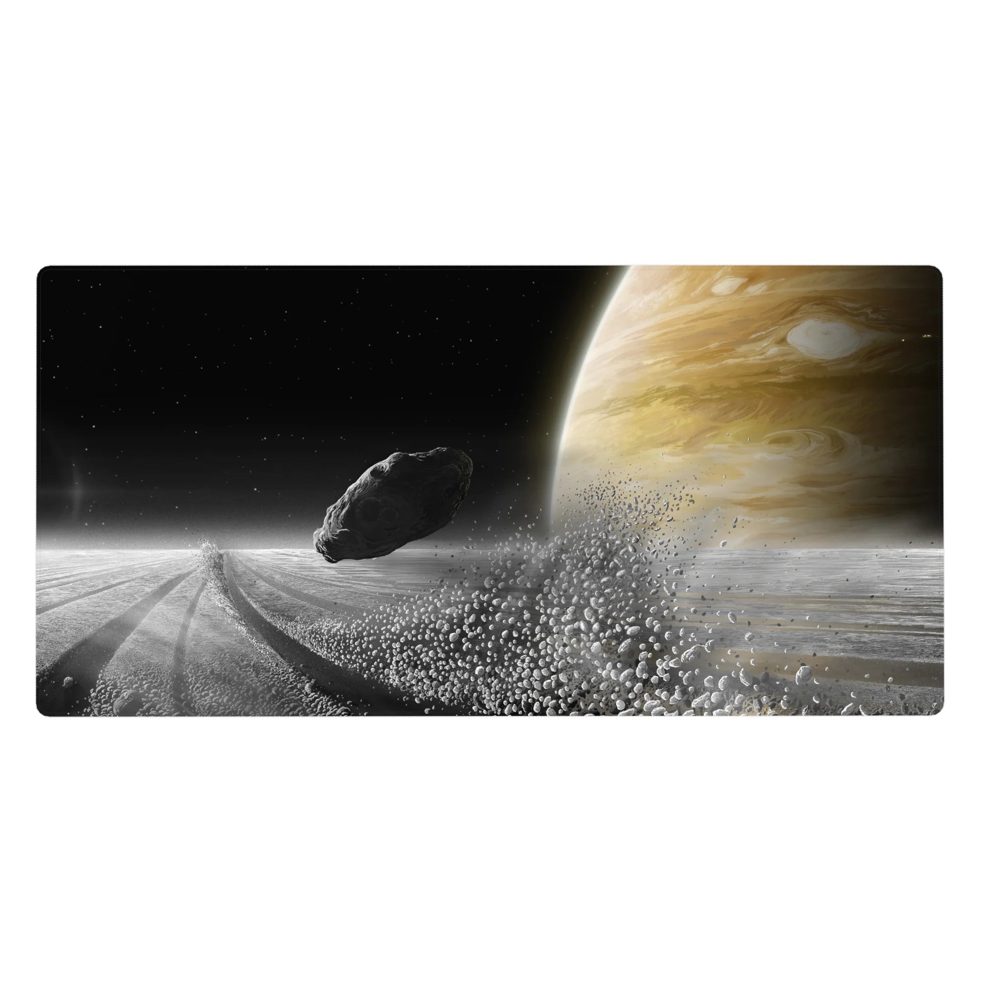 Space horizon desk pad 40x20 inches with ringed planet glow, silver grit, and a dark drifting rock.