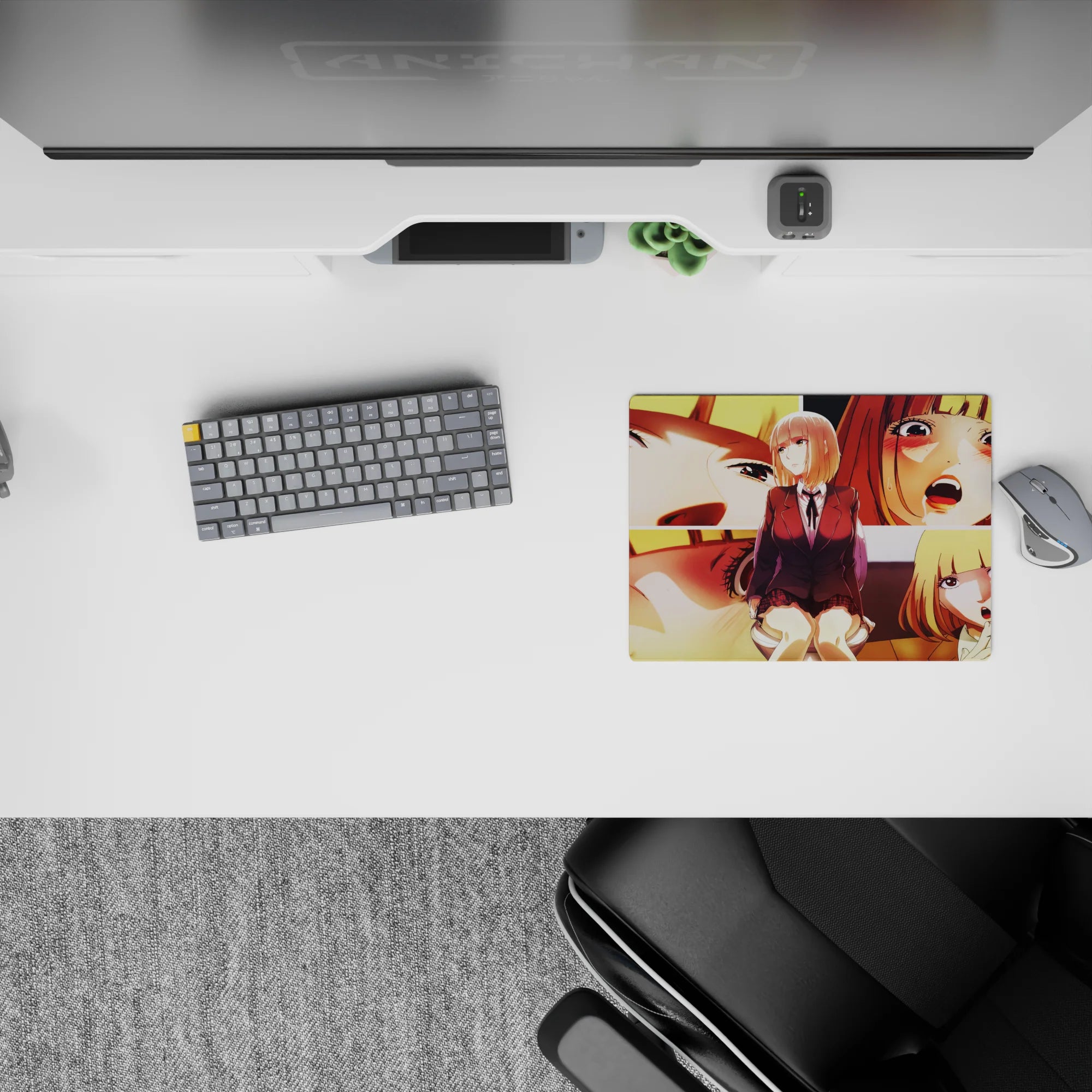 Warm gold and peach anime girl mouse pad 14x10 inches, cozy chaotic vibe with dramatic shadows and blush.
