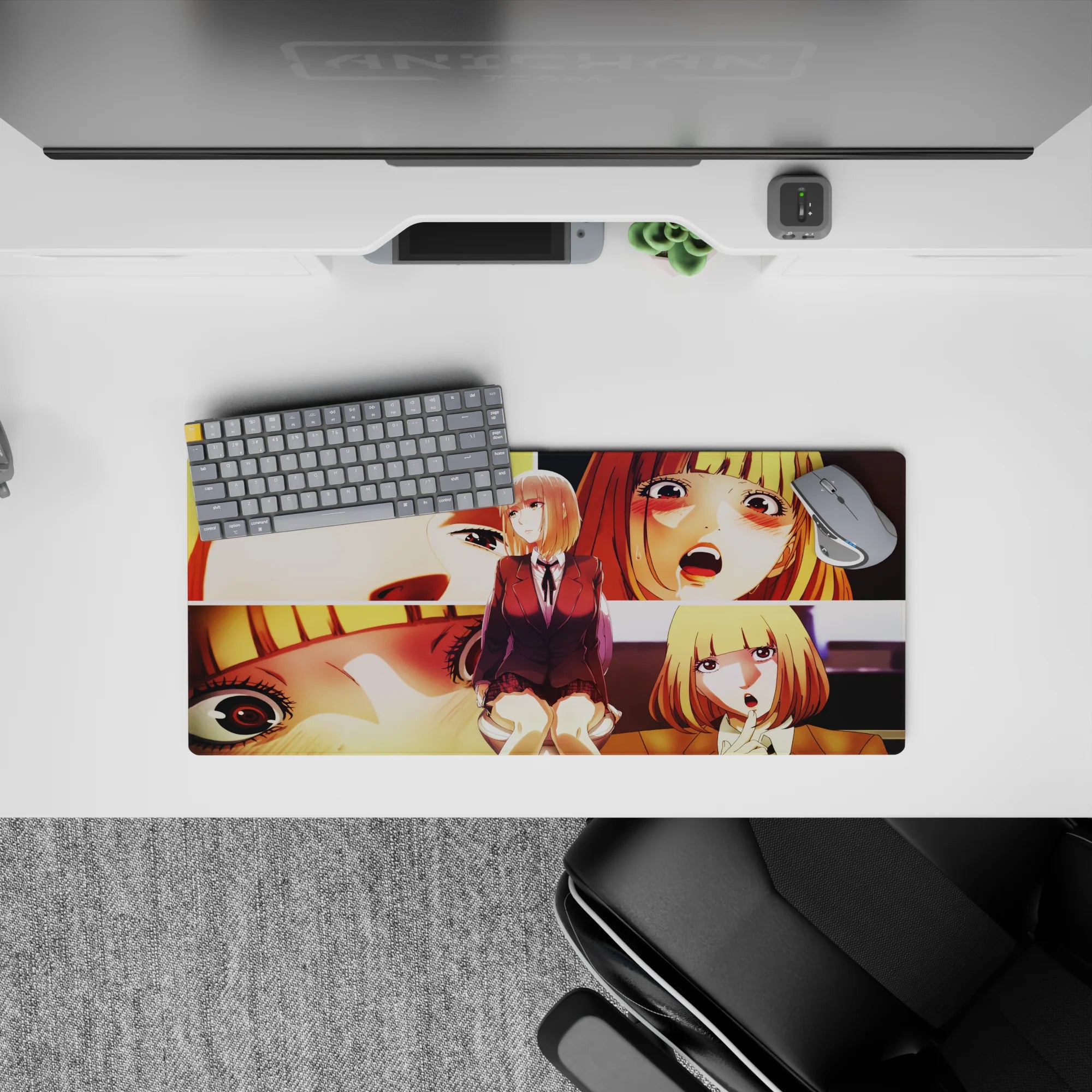 28x12 inches anime girl mouse pad in warm gold and peach blush tones, cozy chaotic vibe, bright print.