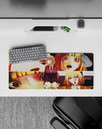 28x12 inches anime girl mouse pad in warm gold and peach blush tones, cozy chaotic vibe, bright print.