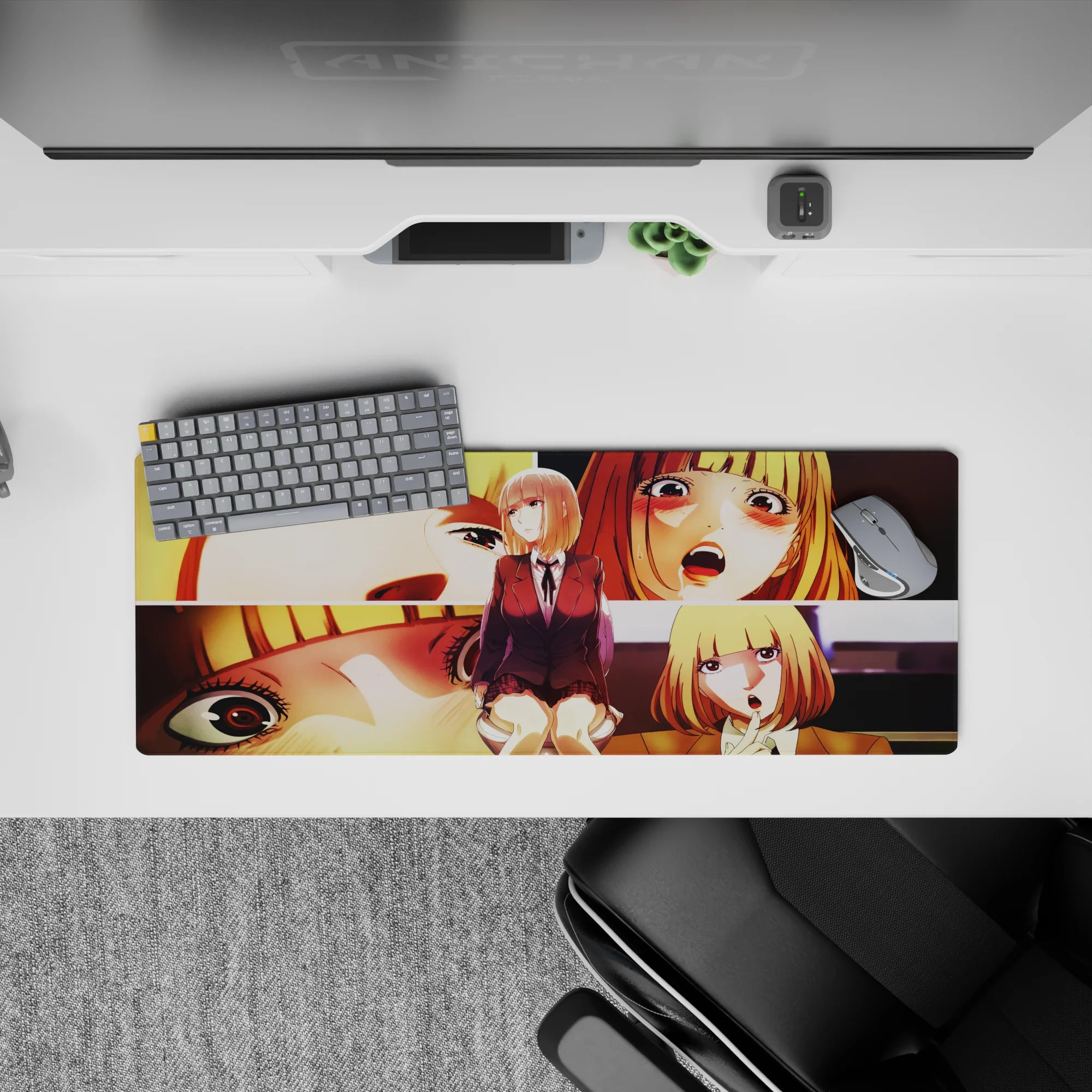 Warm gold and peach anime girl mouse pad 32x12 inches with blush tones, dramatic shadows, cozy vibe.