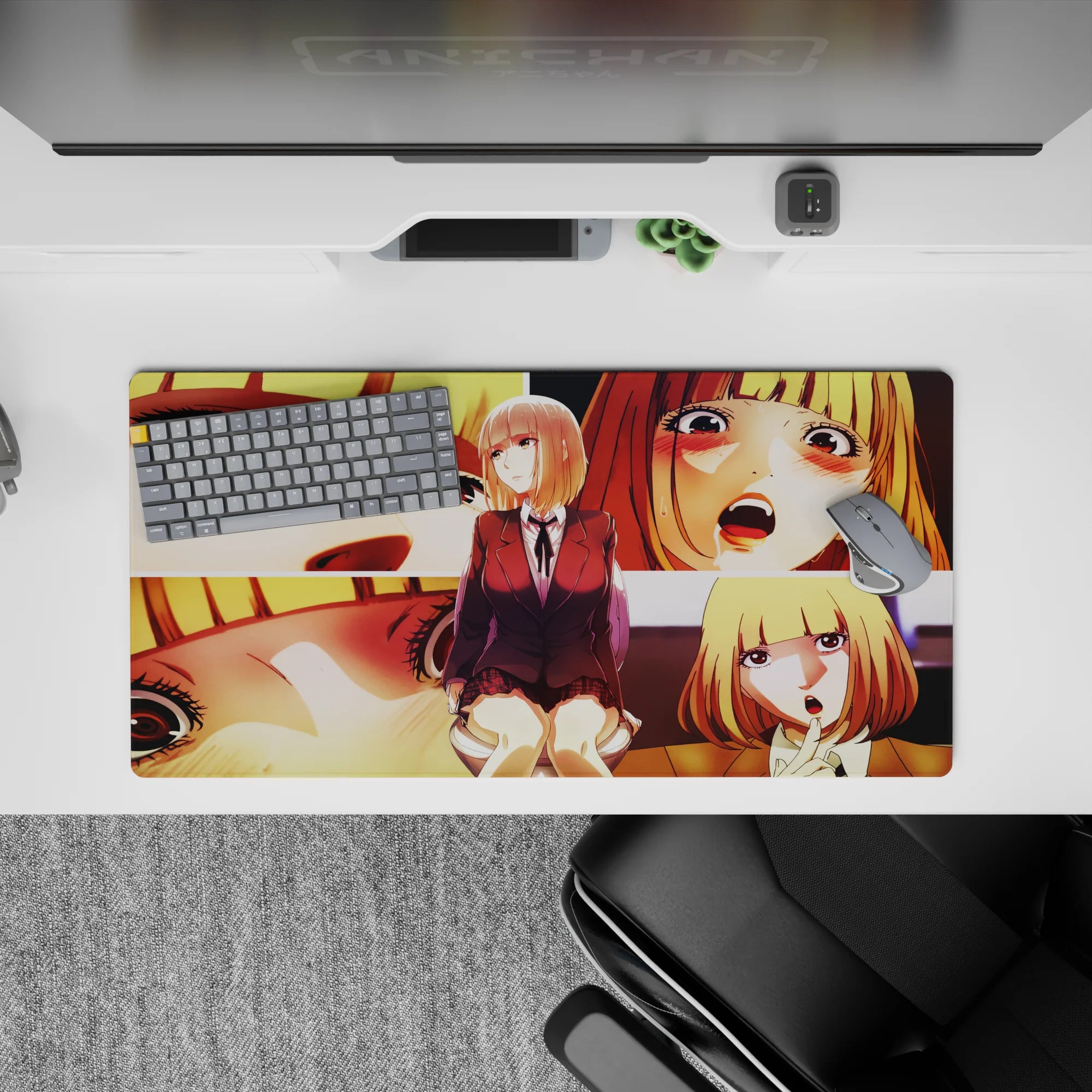 32x16 inches anime girl mouse pad in warm gold and peach tones with cozy, playful, dramatic shadows.
