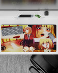 32x16 inches anime girl mouse pad in warm gold and peach tones with cozy, playful, dramatic shadows.
