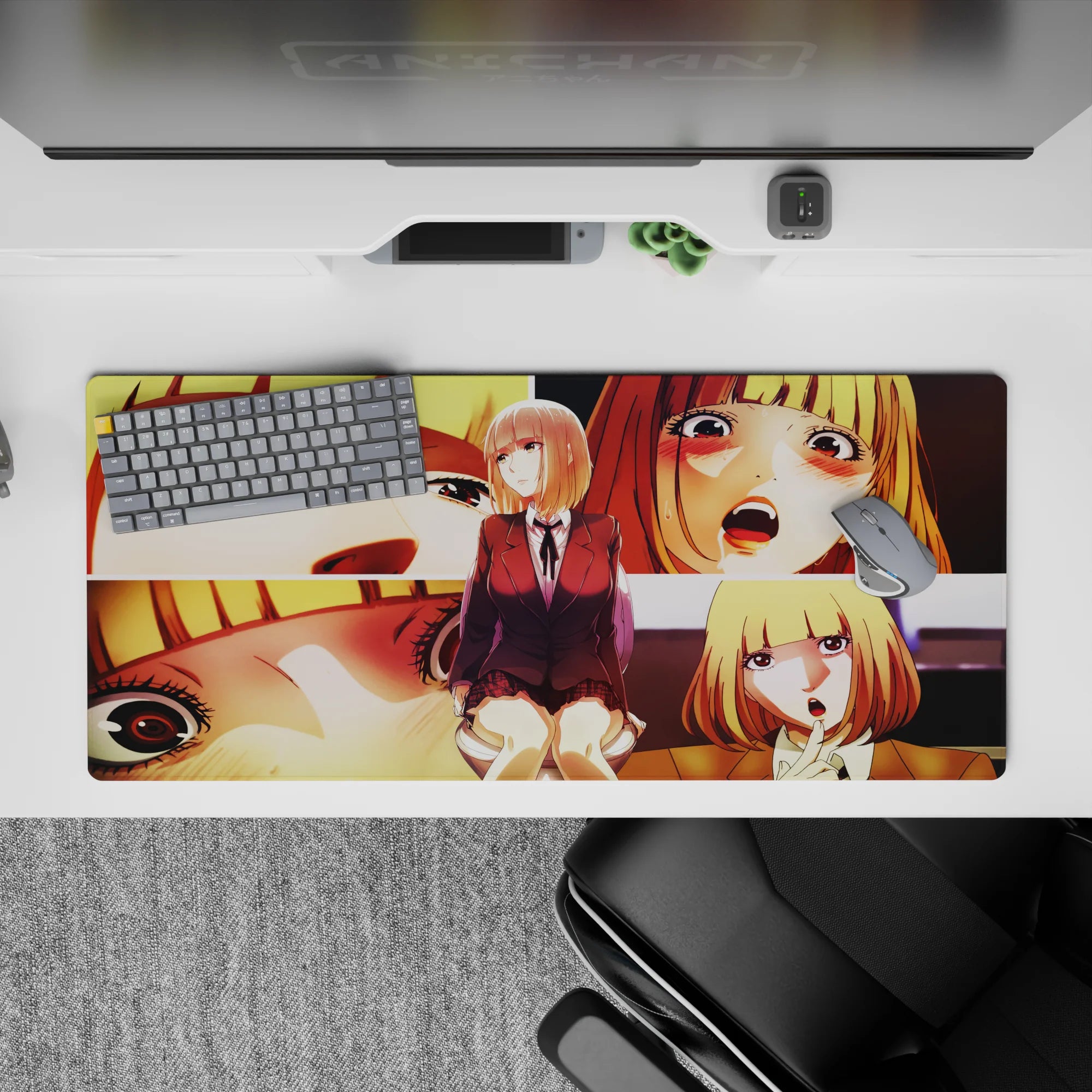 36x16 inches anime girl desk pad in warm gold and peach tones, cozy playful vibe with bold shadows.