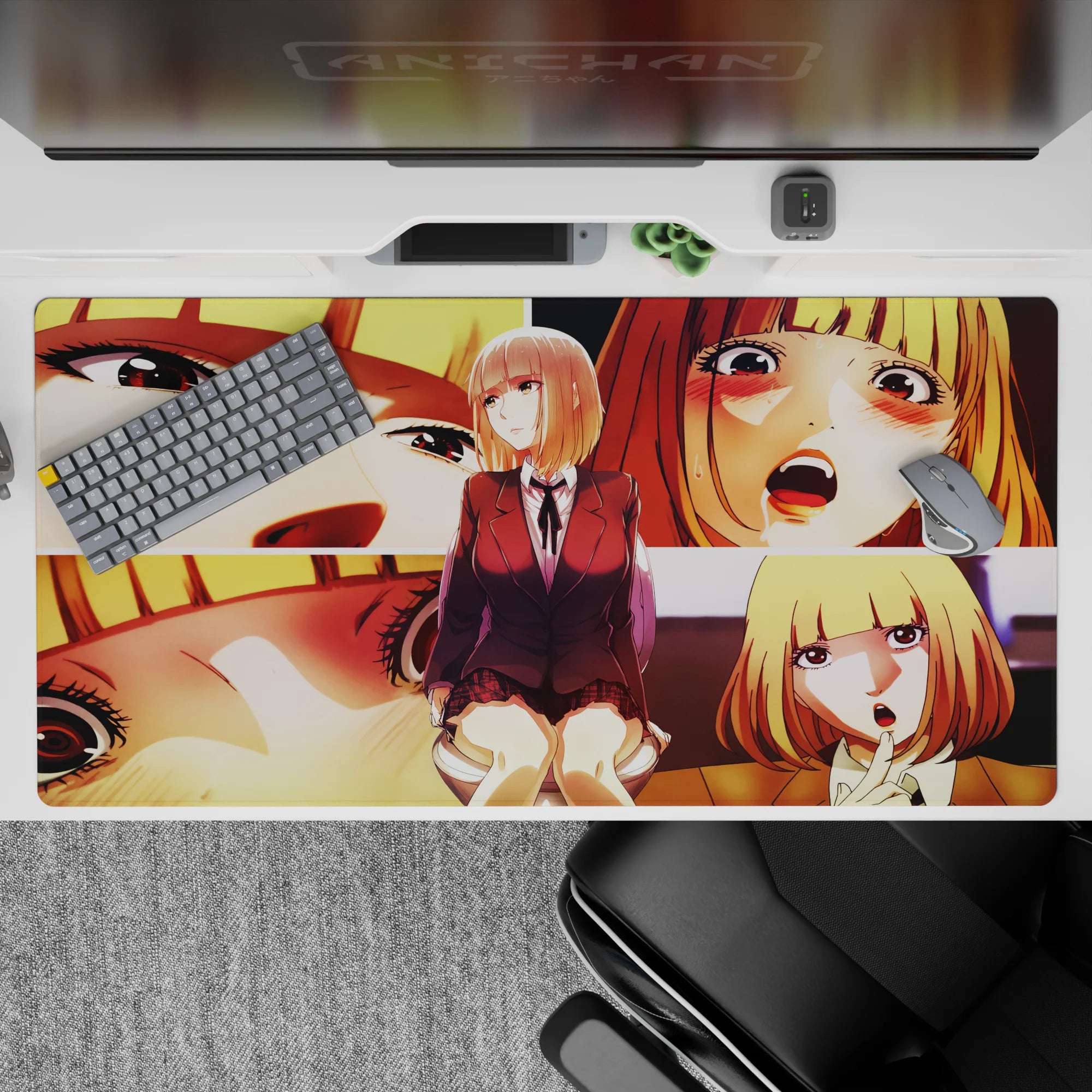 Warm gold and peach anime girl desk pad 40x20 inches, cozy chaotic vibe with dramatic shadows.