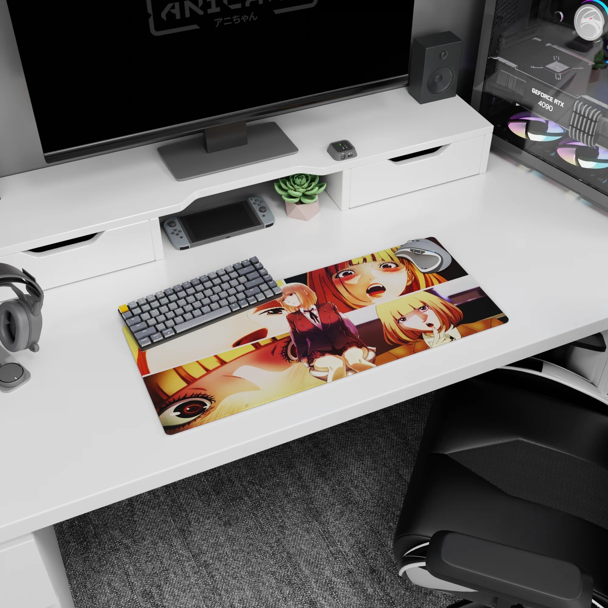 28x12 inches anime girl mouse pad featuring honey-blonde schoolgirl shifting from shy smile to flustered gasp.