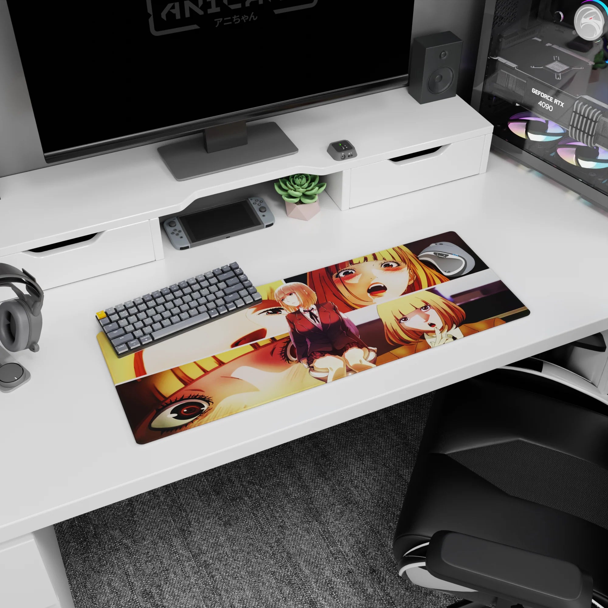 Honey-blonde schoolgirl centered on anime girl mouse pad 32x12 inches, shy smile to flustered gasp.