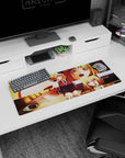 Honey-blonde schoolgirl centered on anime girl mouse pad 32x12 inches, shy smile to flustered gasp.