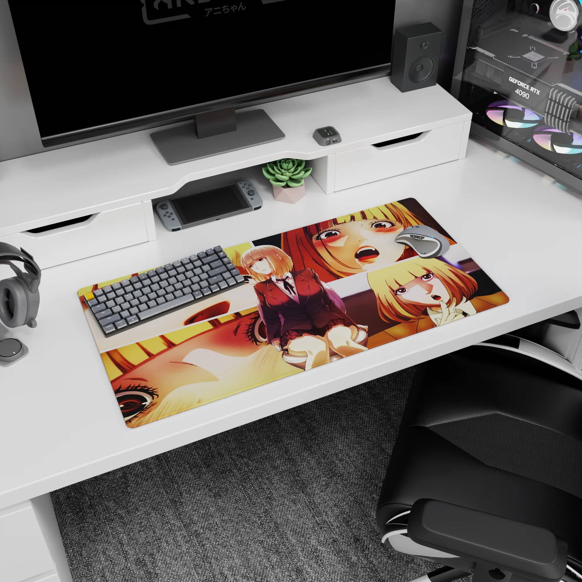 32x16 inches anime girl mouse pad featuring honey-blonde schoolgirl posing center, shy-to-flustered faces.