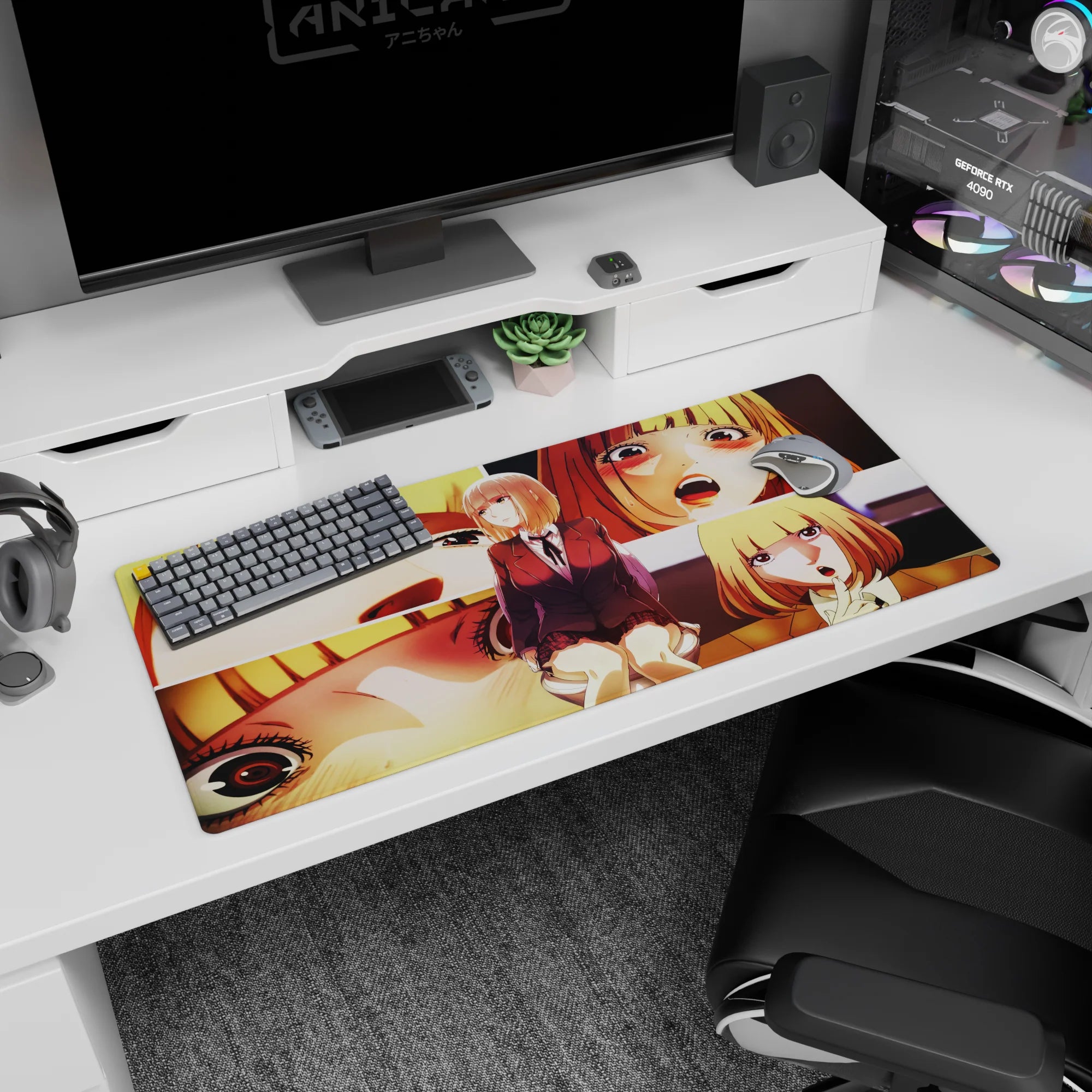 36x16 inches anime girl desk pad showing honey-blonde schoolgirl in burgundy blazer, shy-to-flustered.