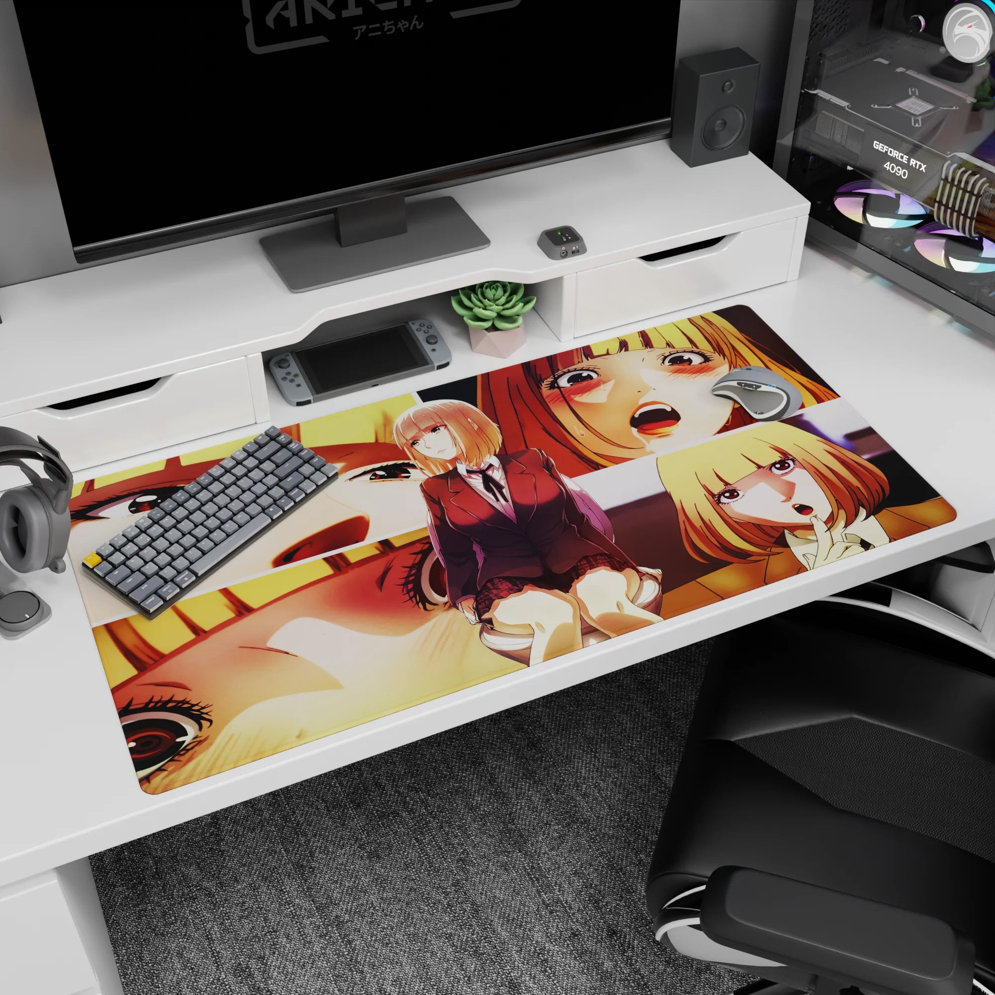 Honey-blonde anime schoolgirl at center desk pad 40x20 inches, shy smile to flustered gasp panels.