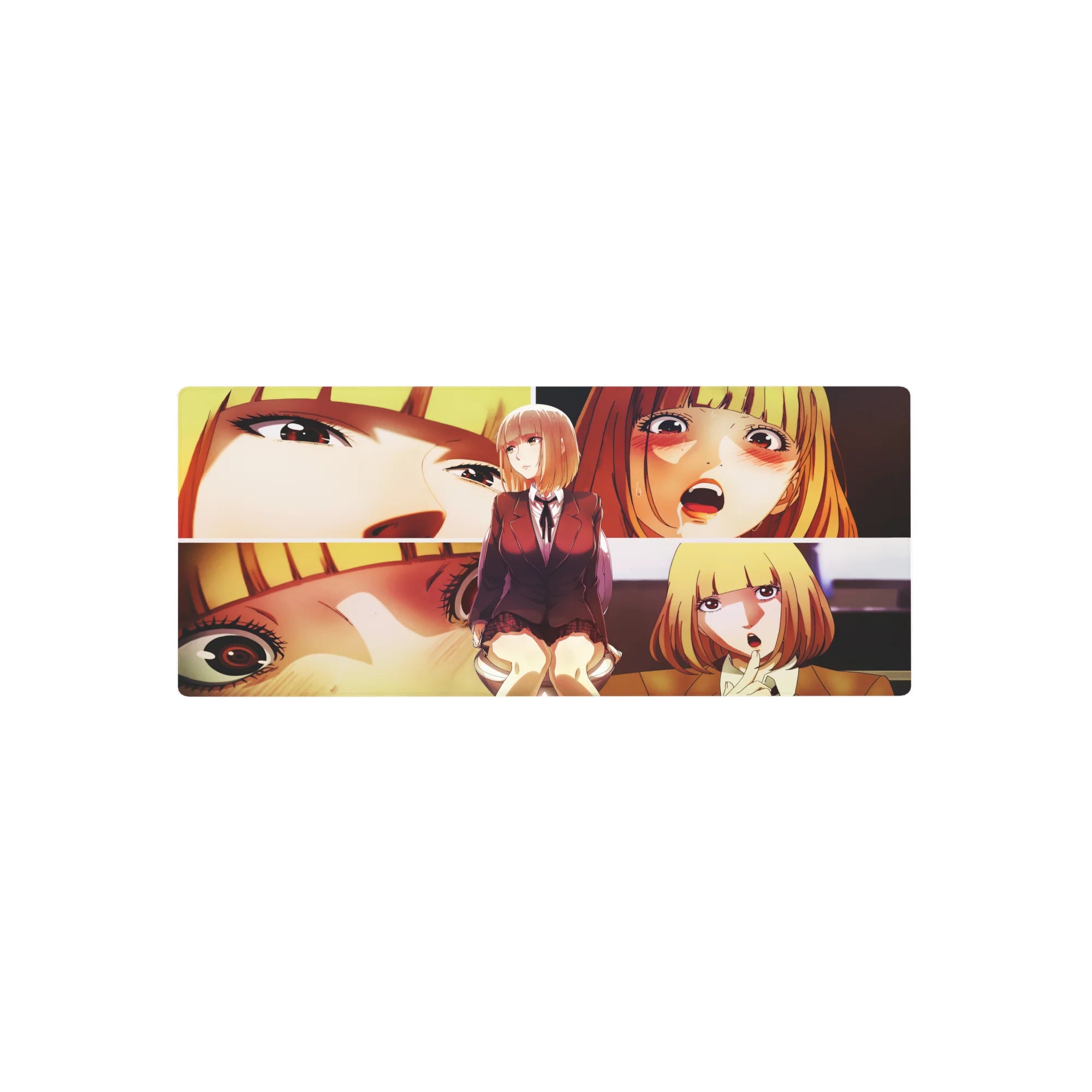 28x12 inches anime girl mouse pad with manga panels, burgundy blazer schoolgirl, plaid skirt, ribbon tie.