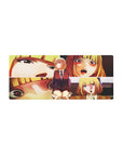 28x12 inches anime girl mouse pad with manga panels, burgundy blazer schoolgirl, plaid skirt, ribbon tie.