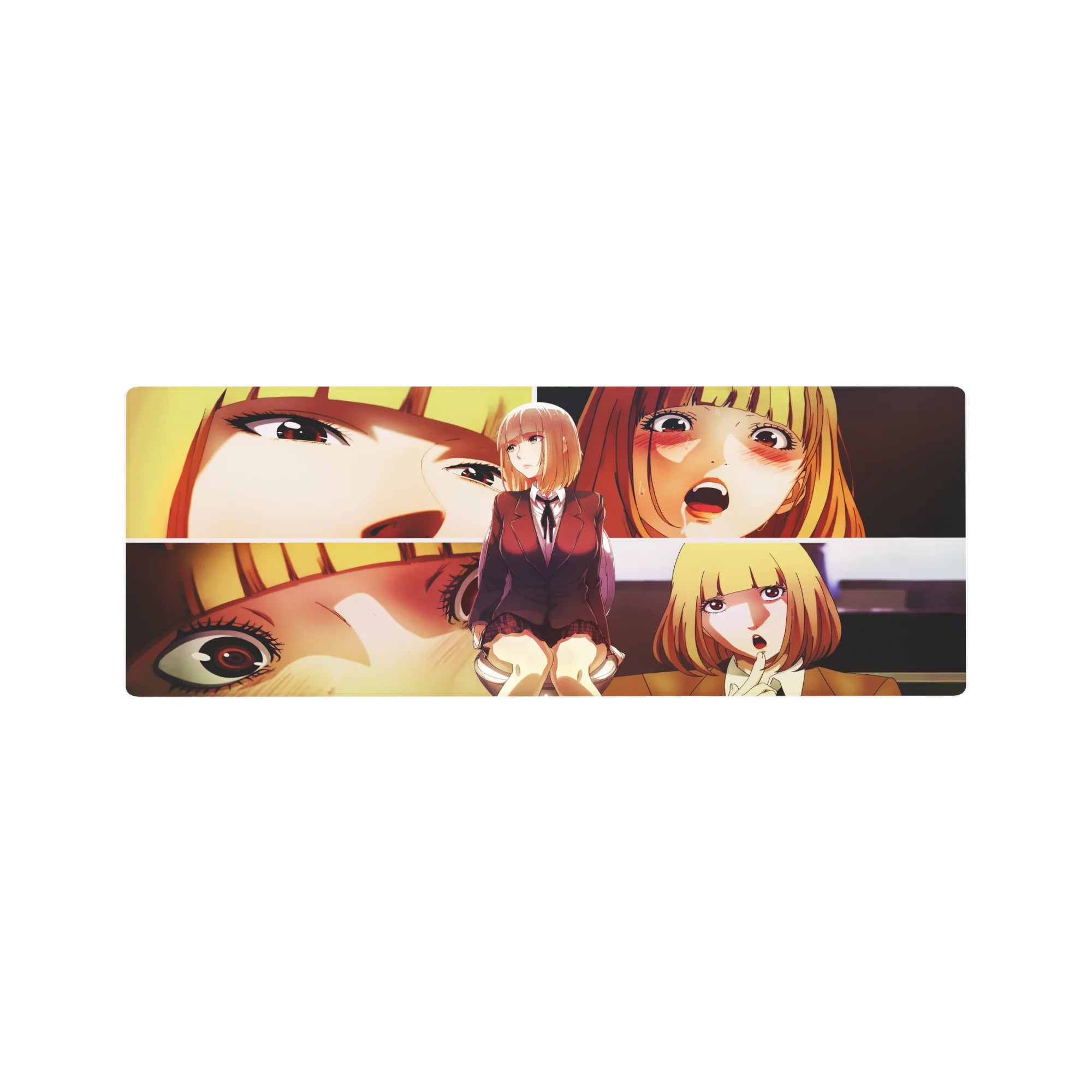 Anime girl mouse pad 32x12 inches with schoolgirl panels, burgundy blazer, plaid skirt, ribbon tie.