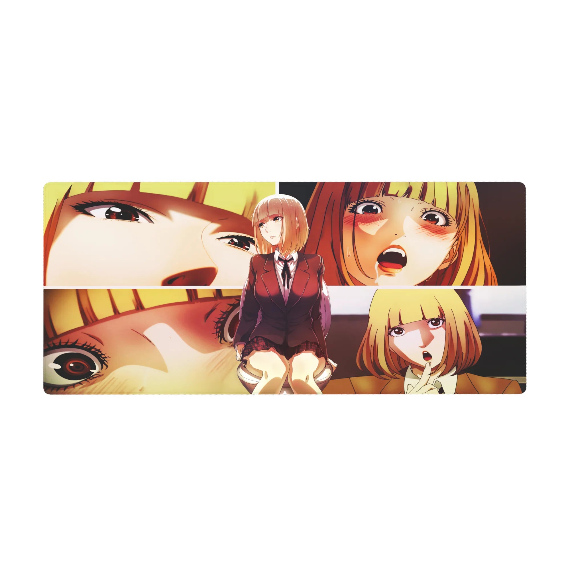 36x16 inches anime girl desk pad with honey-blonde schoolgirl collage panels, blazer and plaid skirt.