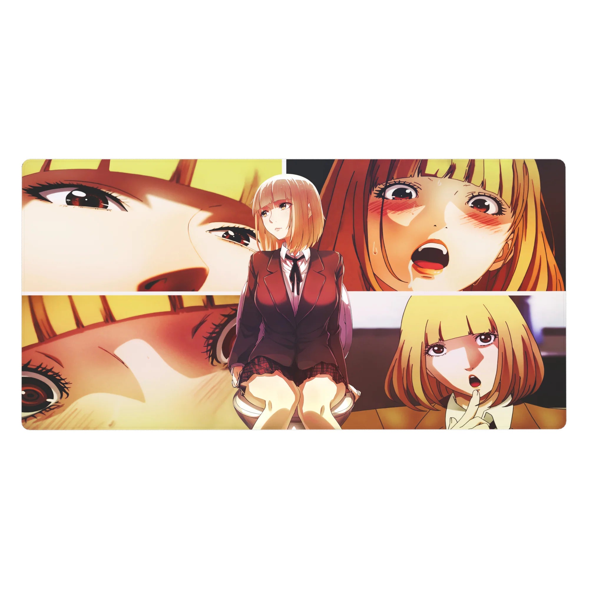 Anime girl desk pad 40x20 inches with burgundy blazer school uniform and bold manga-style close-ups.