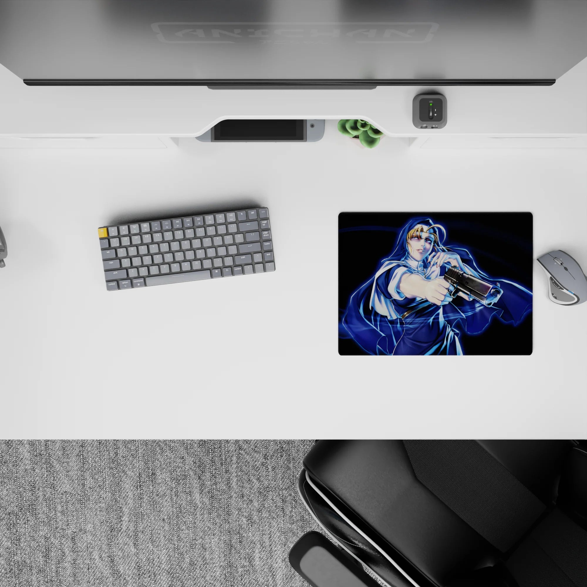 Electric blue and deep navy midnight-action anime mouse pad 14x10 inches with neon-gloss highlights.