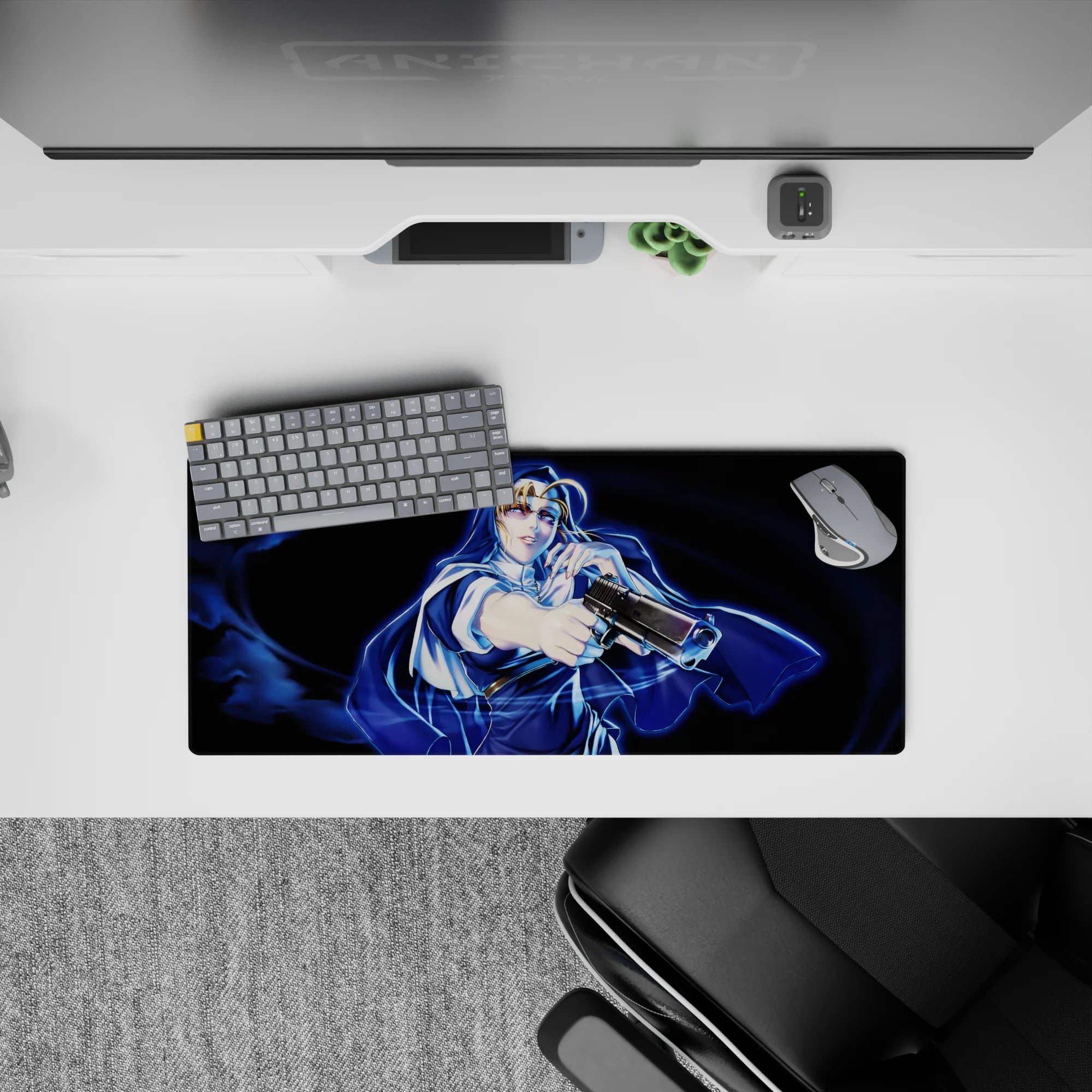 28x12 inches anime mouse pad in deep navy and electric blue, neon gloss highlights, cinematic vibe.