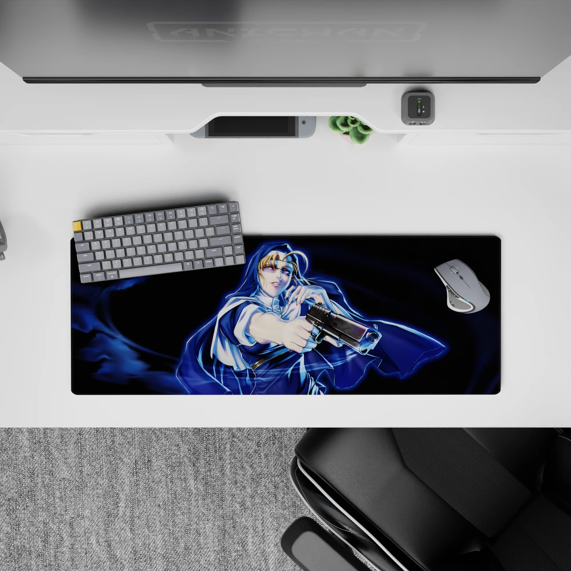 32x12 inches anime girl mouse pad in deep navy and electric blue swirls, neon-gloss cinematic mood.