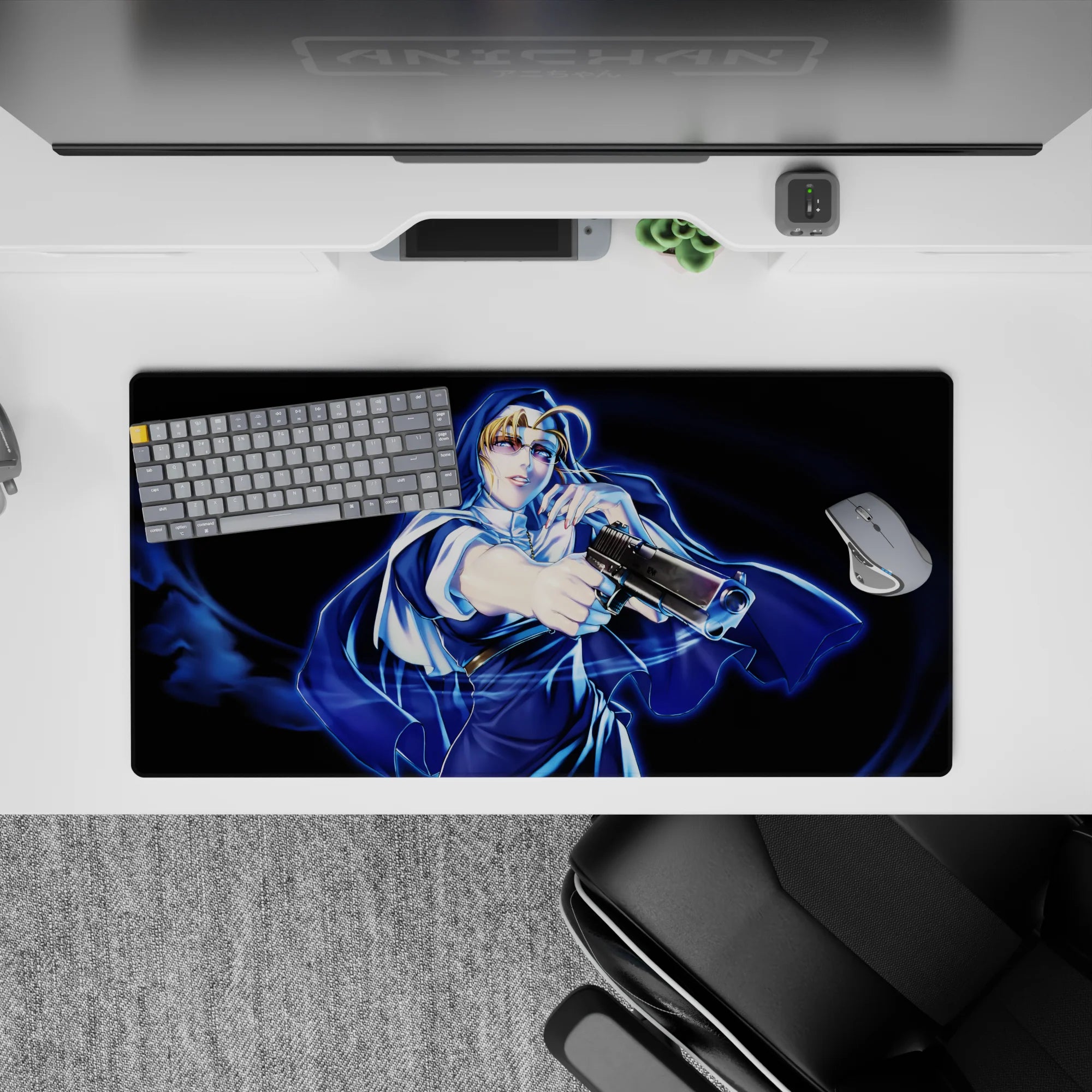 32x16 inches anime desk mat in deep navy and electric blue, neon-gloss highlights and cinematic vibe.