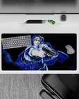 32x16 inches anime desk mat in deep navy and electric blue, neon-gloss highlights and cinematic vibe.