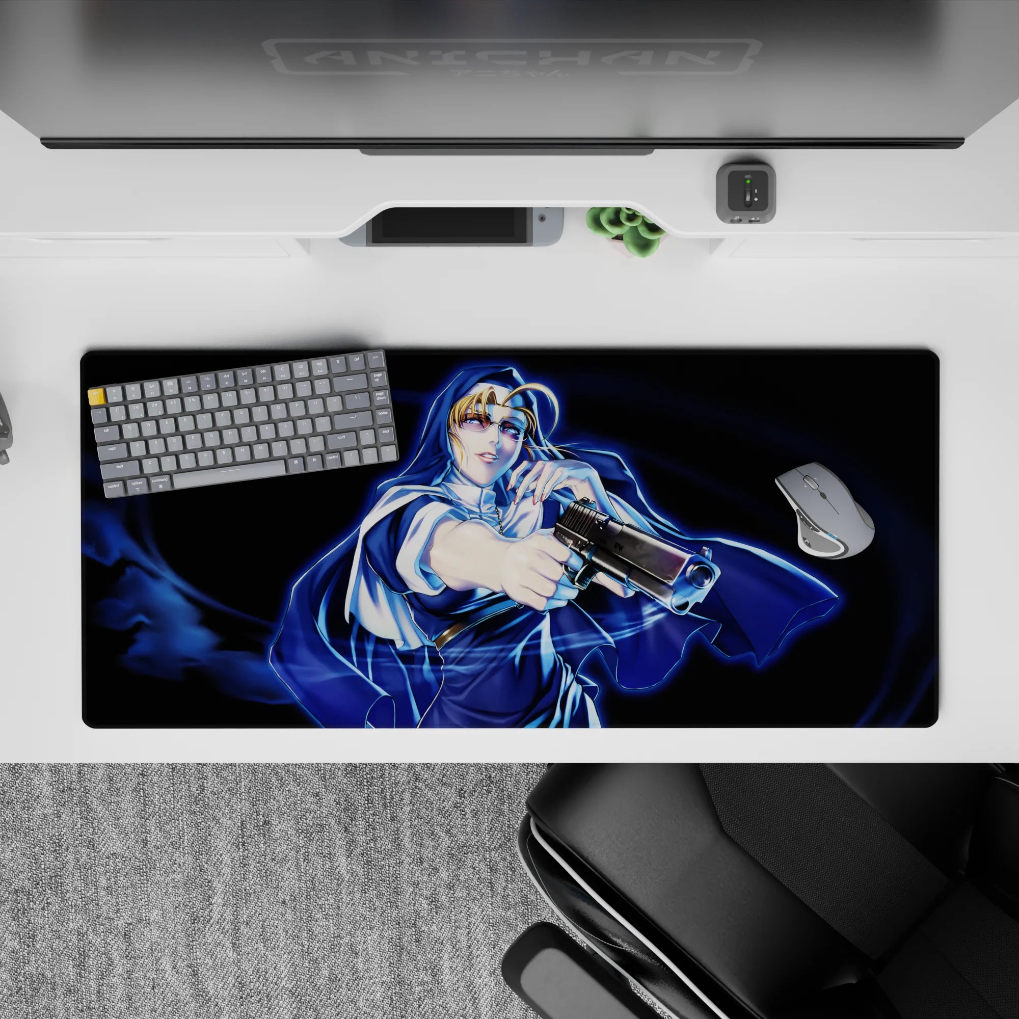 36x16 inches anime desk pad in deep navy and electric blue neon swirls, cinematic midnight vibe.