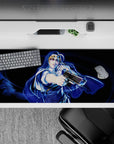 36x16 inches anime desk pad in deep navy and electric blue neon swirls, cinematic midnight vibe.