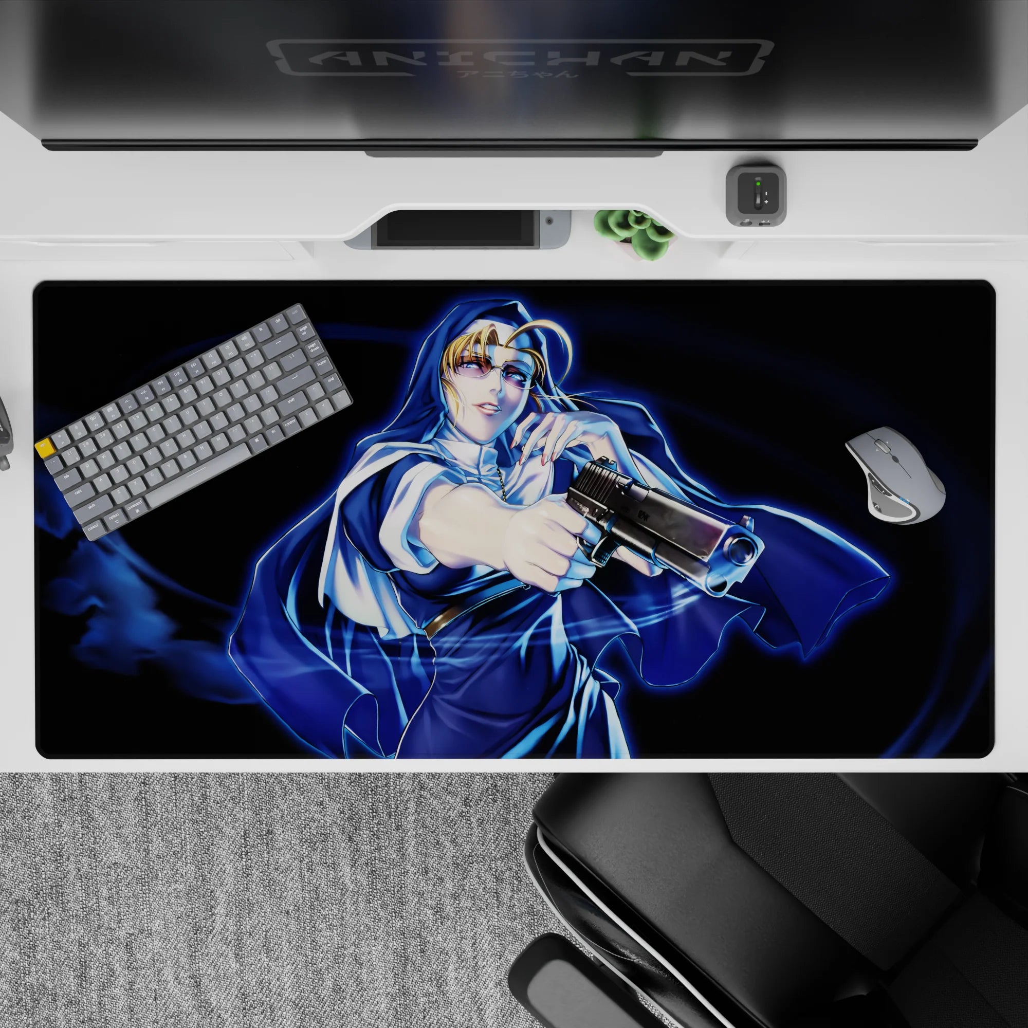 Midnight navy and electric blue swirl anime desk pad 40x20 inches, neon-gloss highlights and bold vibe.