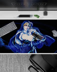 Midnight navy and electric blue swirl anime desk pad 40x20 inches, neon-gloss highlights and bold vibe.