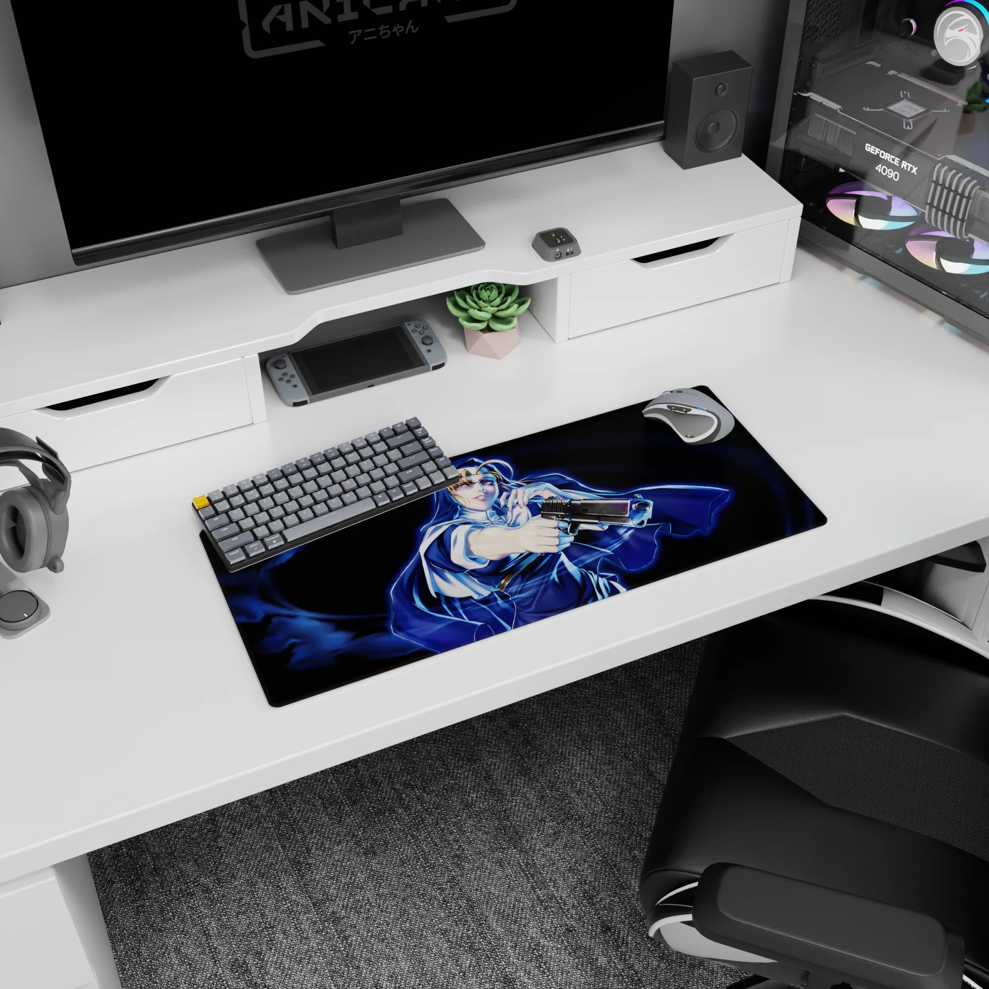 28x12 inches anime girl mouse pad showing a cool blonde heroine in a flowing cloak amid blue swirls.