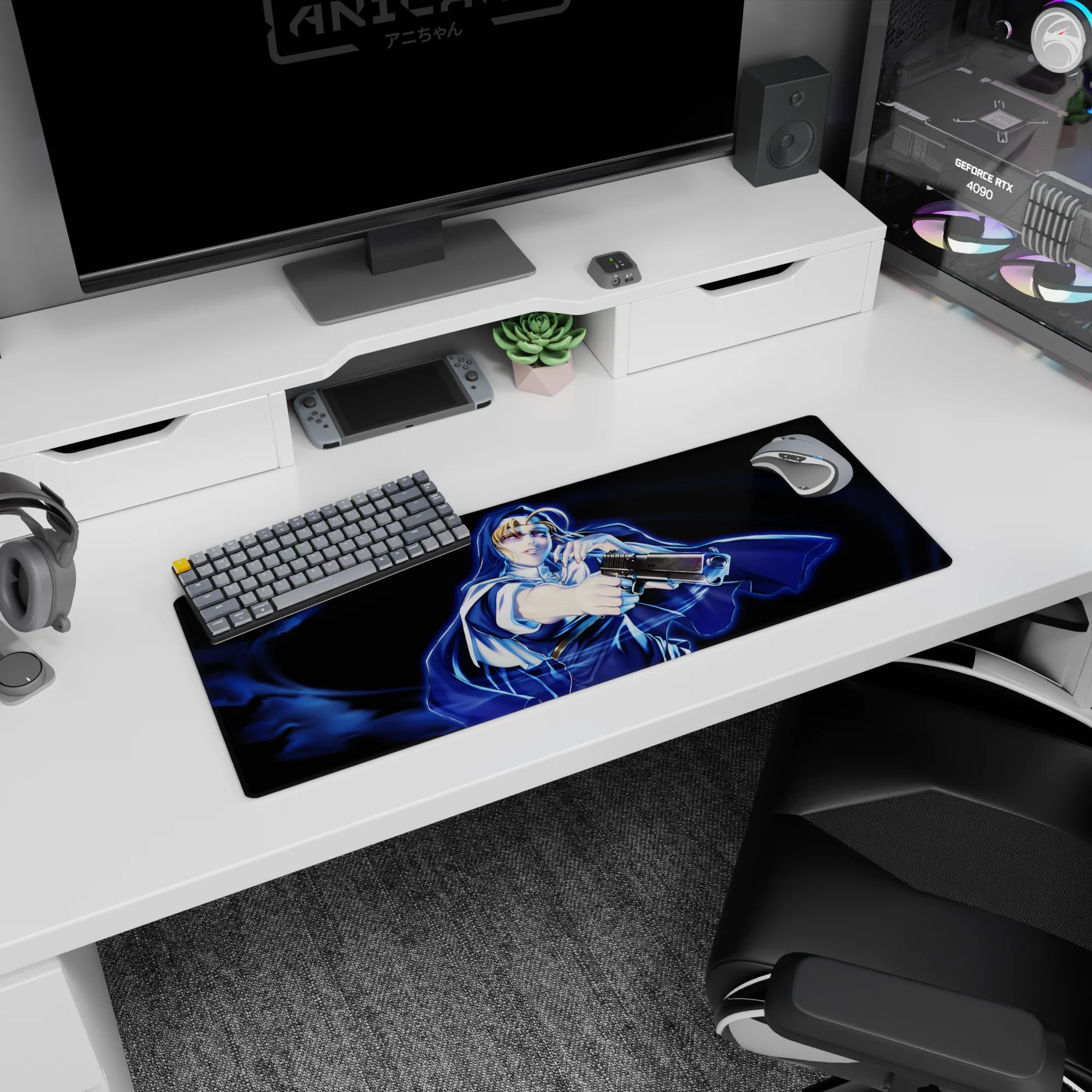 32x12 inches anime girl mouse pad featuring a blonde cloaked heroine striking a dramatic midnight pose.