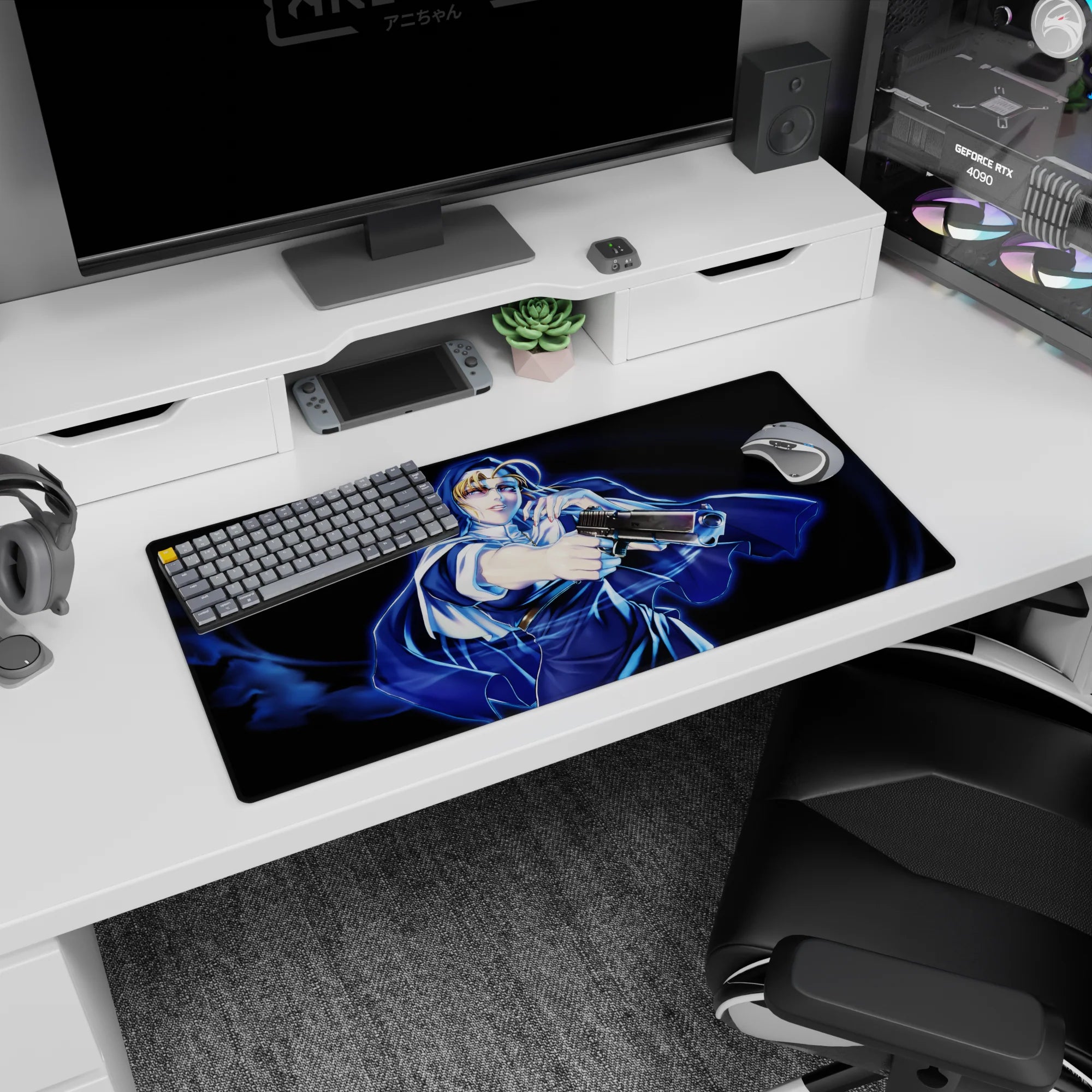 32x16 inches anime girl mouse pad showing a cool blonde heroine posing in a cloak amid blue stormy swirls.